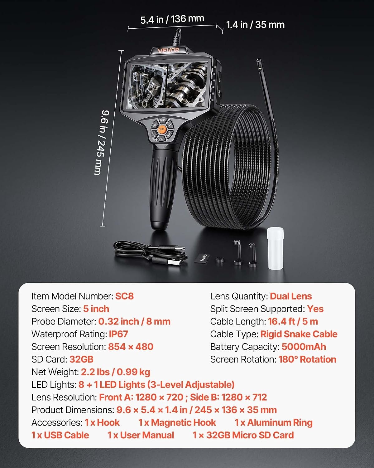 image:imageVEVOR Triple Lens Inspection Camera with Light 5 IPS Screen Industrial Borescope 8X Zoom 1080P HD Split Screen 10 LED Lights Scope Camera for Automotive Plumbing165FT360View