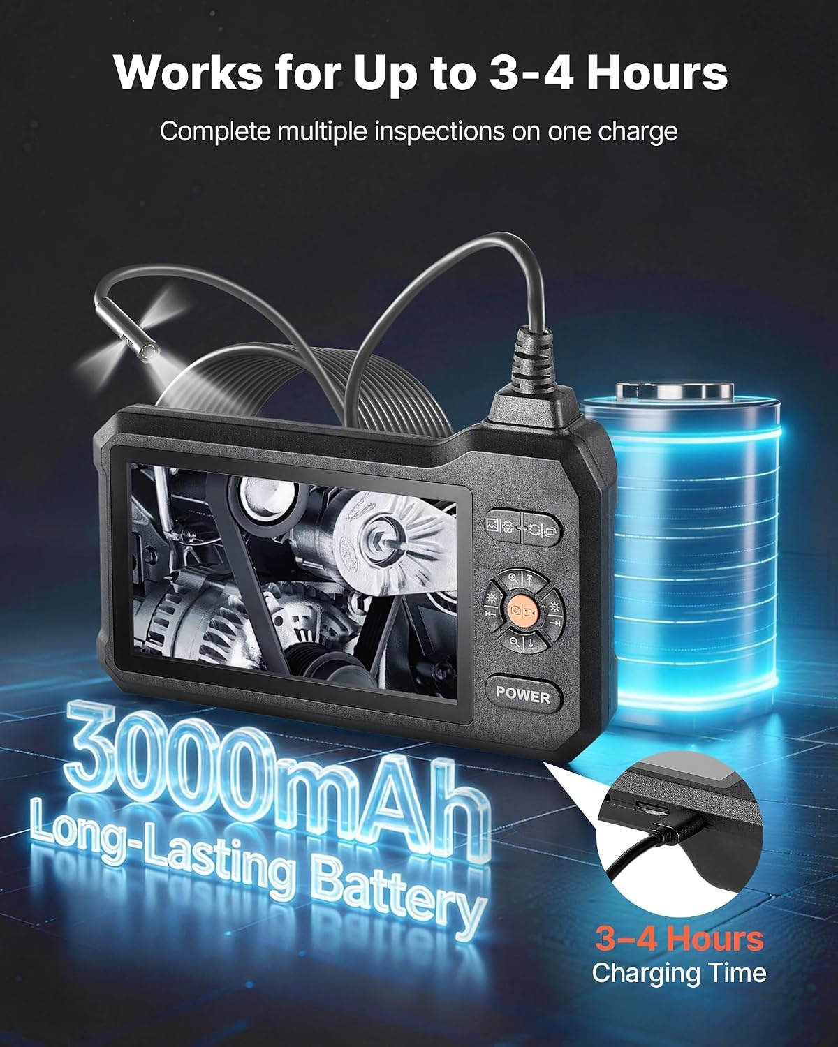 image:imageVEVOR Triple Lens Inspection Camera with Light 5 IPS Screen Industrial Borescope 8X Zoom 1080P HD Split Screen 10 LED Lights Scope Camera for Automotive Plumbing165FTTripleView