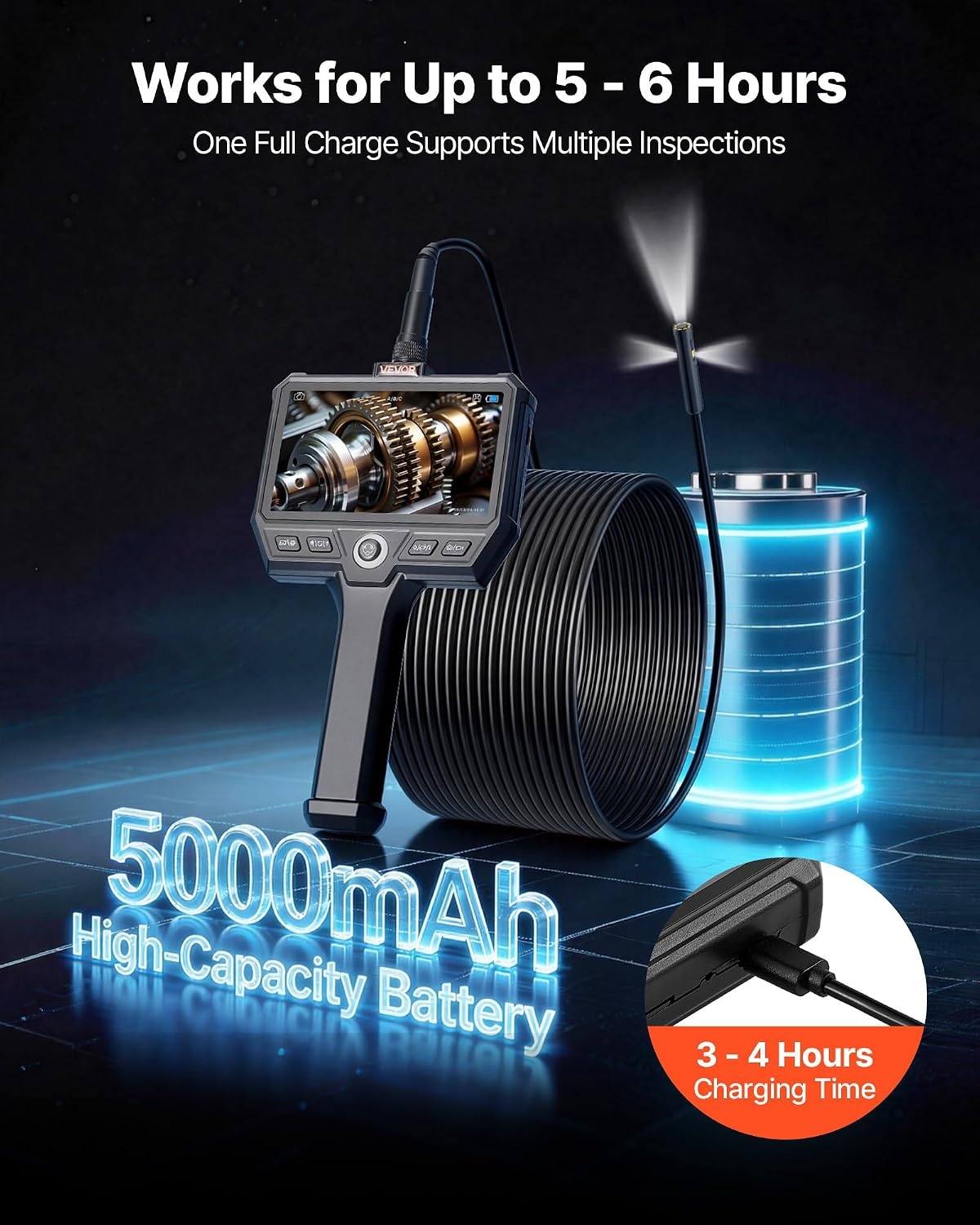 image:imageVEVOR Triple Lens Inspection Camera with Light 5 IPS Screen Industrial Borescope 8X Zoom 1080P HD Split Screen 10 LED Lights Scope Camera for Automotive Plumbing165FTTripleView