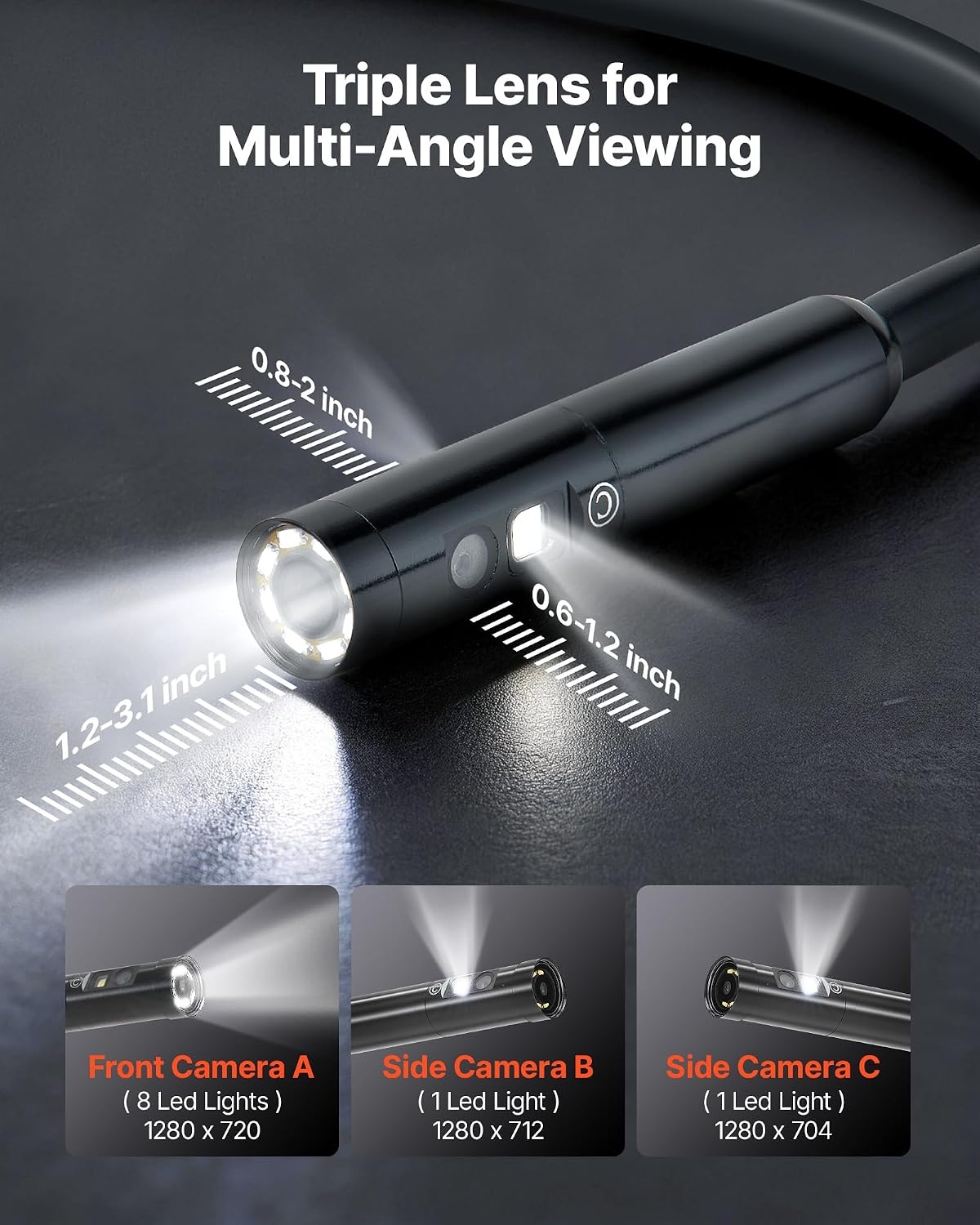 image:imageVEVOR Triple Lens Inspection Camera with Light 5 IPS Screen Industrial Borescope 8X Zoom 1080P HD Split Screen 10 LED Lights Scope Camera for Automotive Plumbing165FTTripleView
