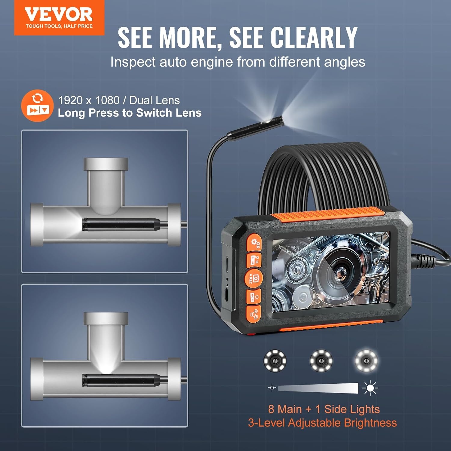 image:imageVEVOR Triple Lens Inspection Camera with Light 5 IPS Screen Industrial Borescope 8X Zoom 1080P HD Split Screen 10 LED Lights Scope Camera for Automotive Plumbing165FTDualView