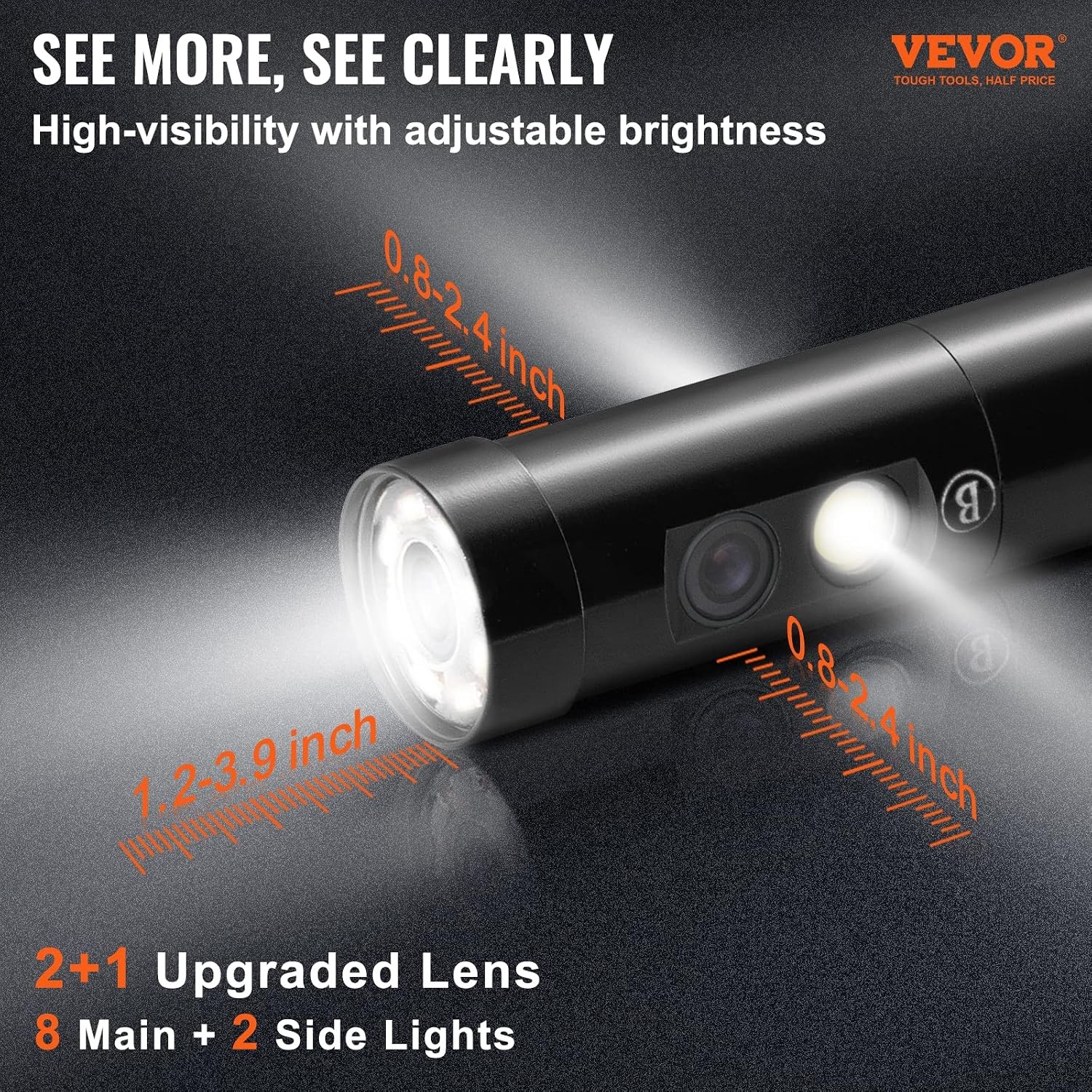 image:imageVEVOR Triple Lens Inspection Camera with Light 5 IPS Screen Industrial Borescope 8X Zoom 1080P HD Split Screen 10 LED Lights Scope Camera for Automotive Plumbing165FTTripleView