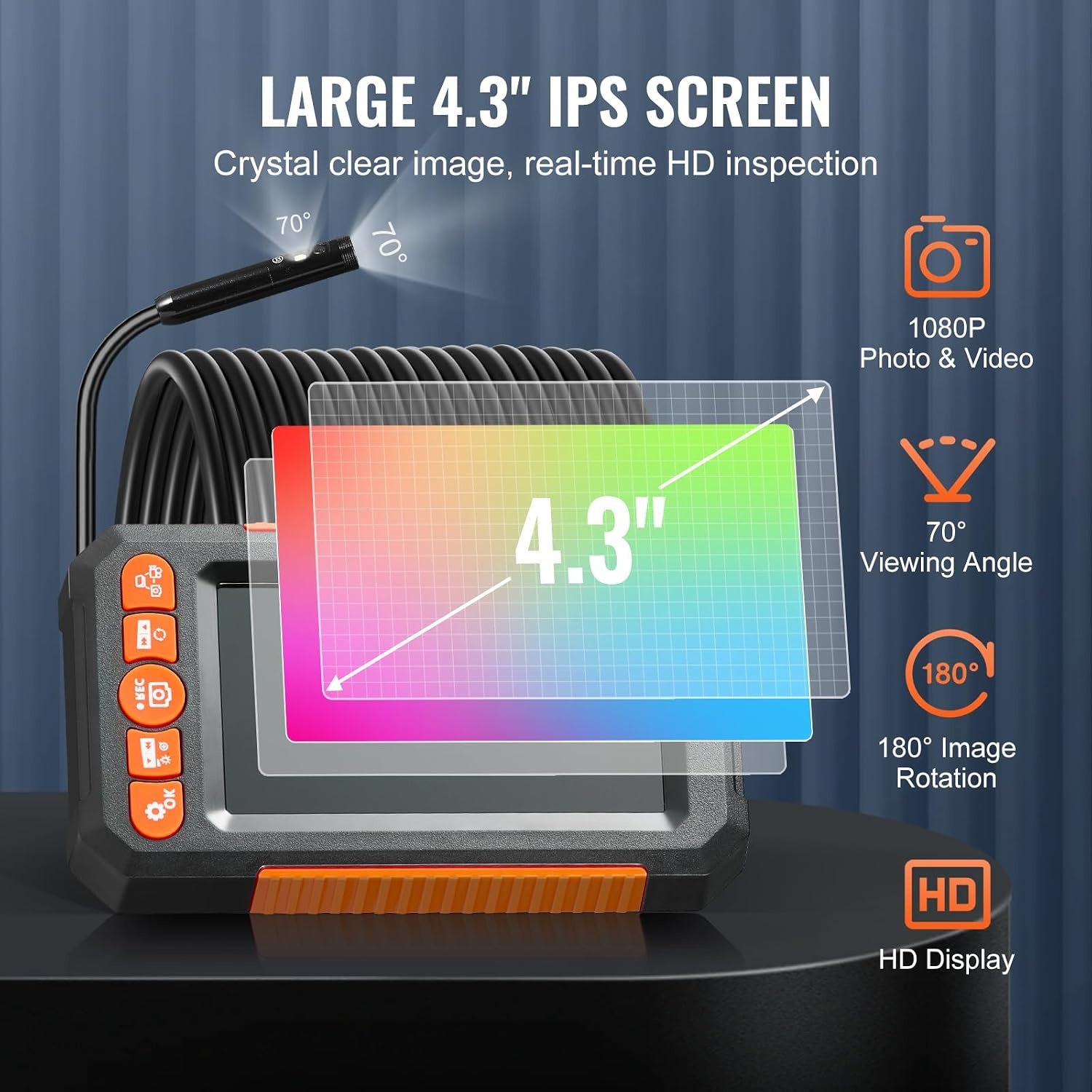image:imageVEVOR Triple Lens Inspection Camera with Light 5 IPS Screen Industrial Borescope 8X Zoom 1080P HD Split Screen 10 LED Lights Scope Camera for Automotive Plumbing165FTDualView