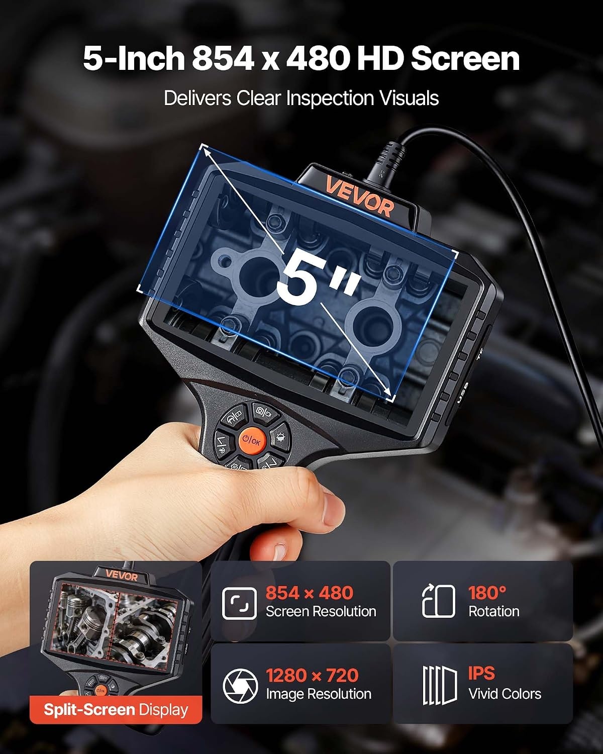 image:imageVEVOR Triple Lens Inspection Camera with Light 5 IPS Screen Industrial Borescope 8X Zoom 1080P HD Split Screen 10 LED Lights Scope Camera for Automotive Plumbing165FT360View