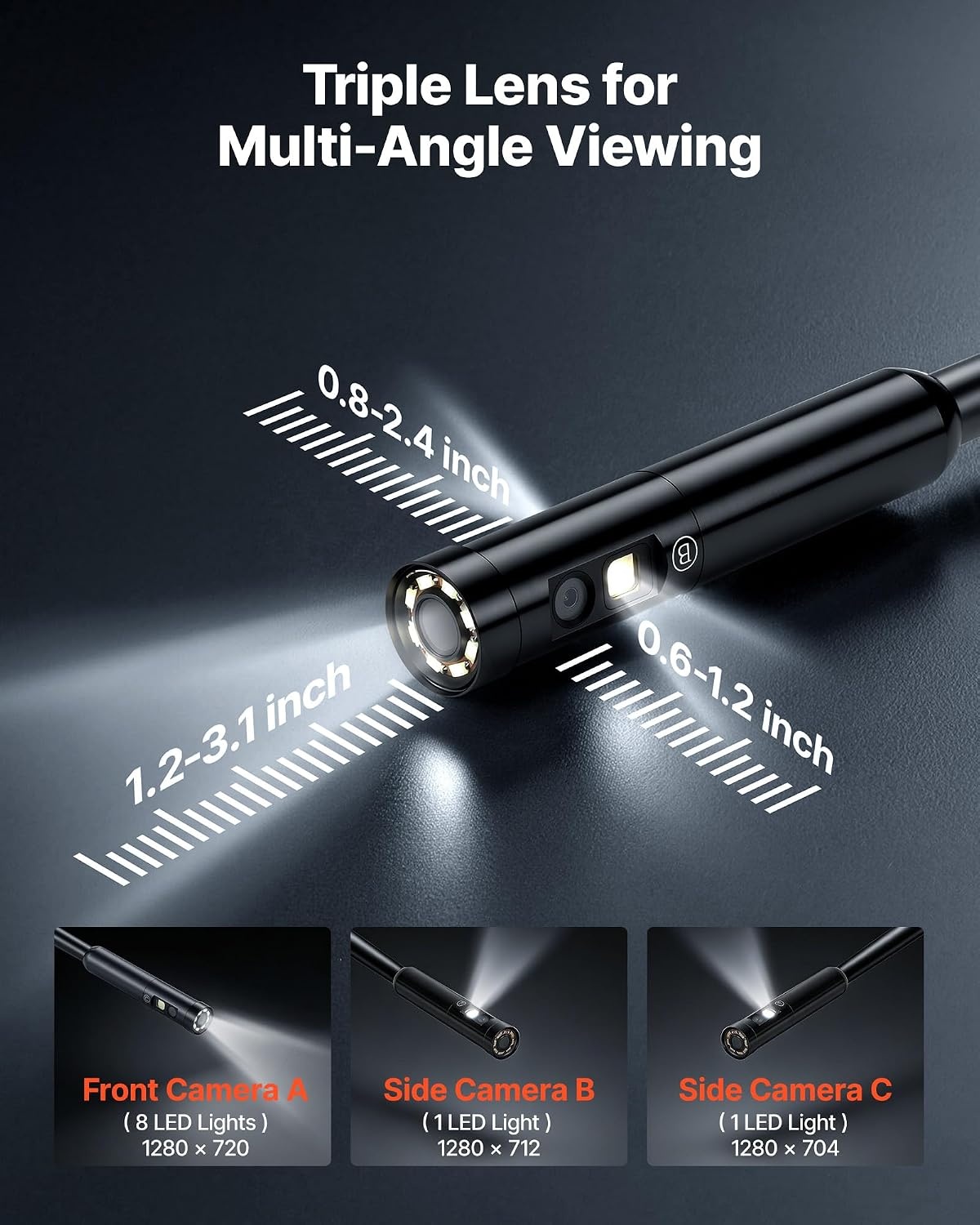 image:imageVEVOR Triple Lens Inspection Camera with Light 5 IPS Screen Industrial Borescope 8X Zoom 1080P HD Split Screen 10 LED Lights Scope Camera for Automotive Plumbing165FTTripleView