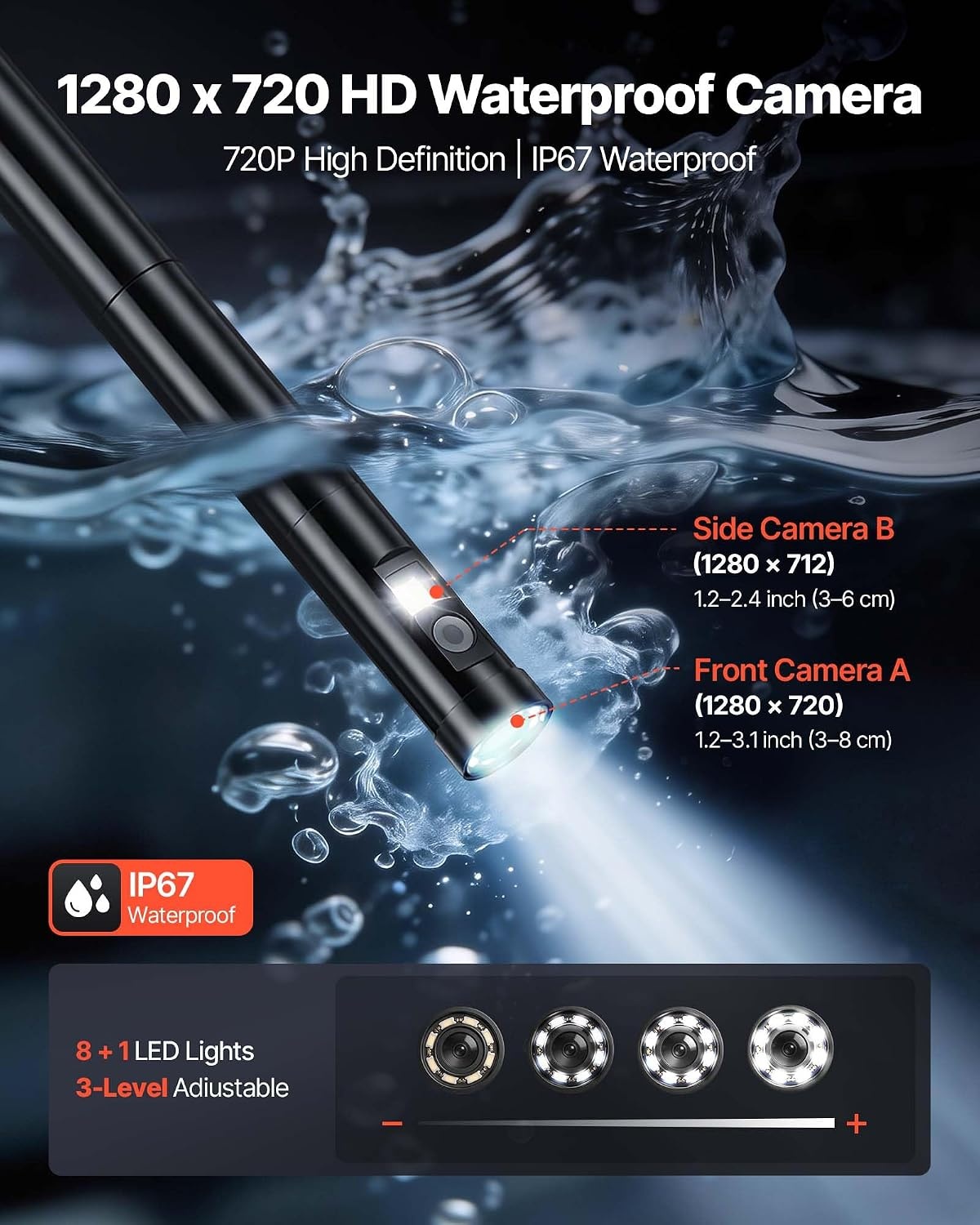 image:imageVEVOR Triple Lens Inspection Camera with Light 5 IPS Screen Industrial Borescope 8X Zoom 1080P HD Split Screen 10 LED Lights Scope Camera for Automotive Plumbing165FT360View