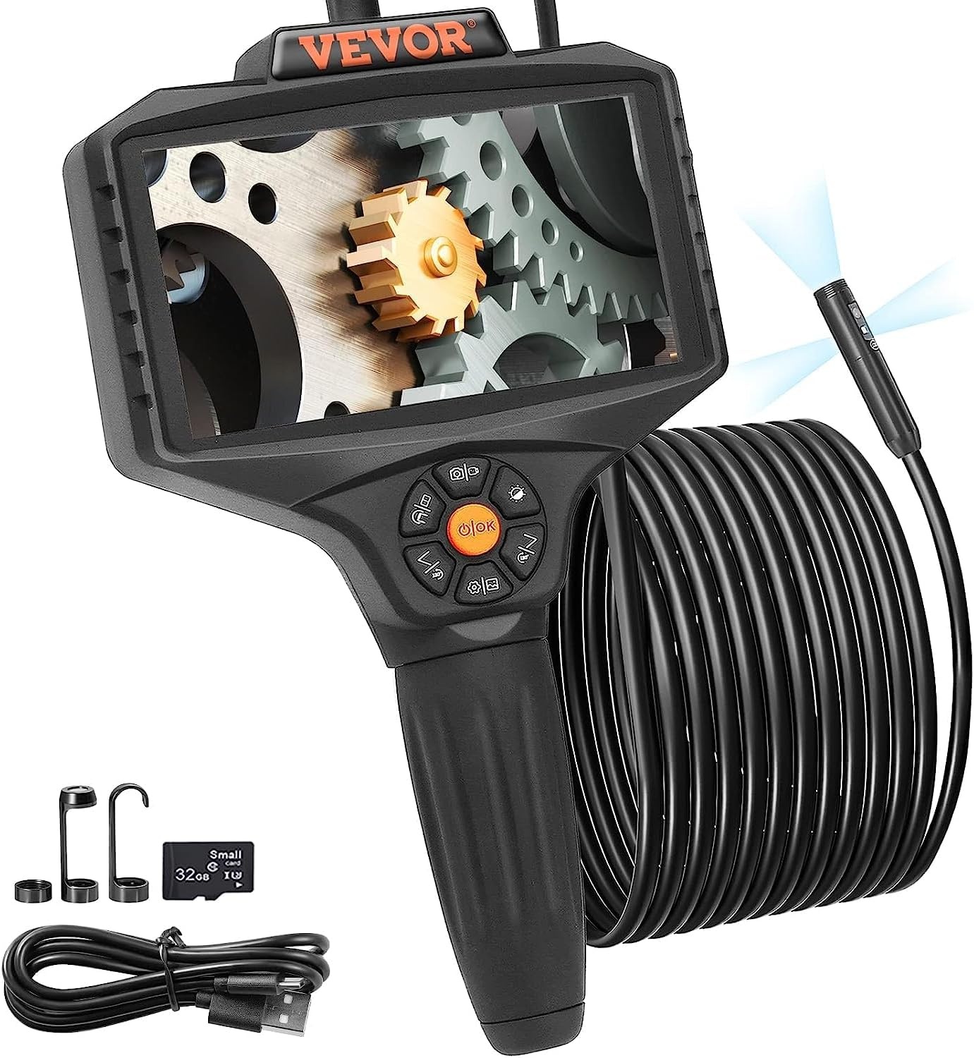 image:imageVEVOR Triple Lens Inspection Camera with Light 5 IPS Screen Industrial Borescope 8X Zoom 1080P HD Split Screen 10 LED Lights Scope Camera for Automotive Plumbing165FTTripleView