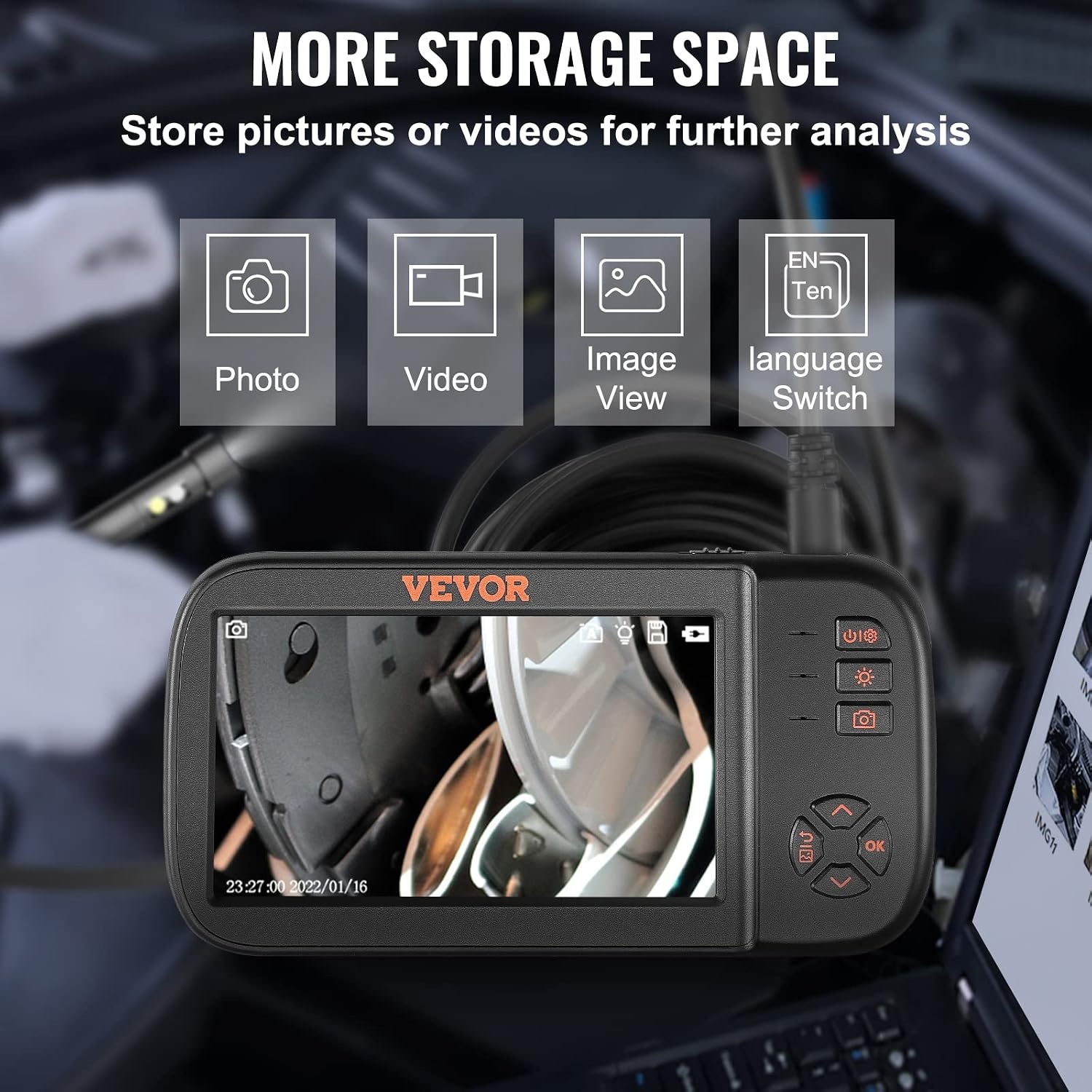 image:imageVEVOR Triple Lens Inspection Camera with Light 5 IPS Screen Industrial Borescope 8X Zoom 1080P HD Split Screen 10 LED Lights Scope Camera for Automotive Plumbing165FTTripleView