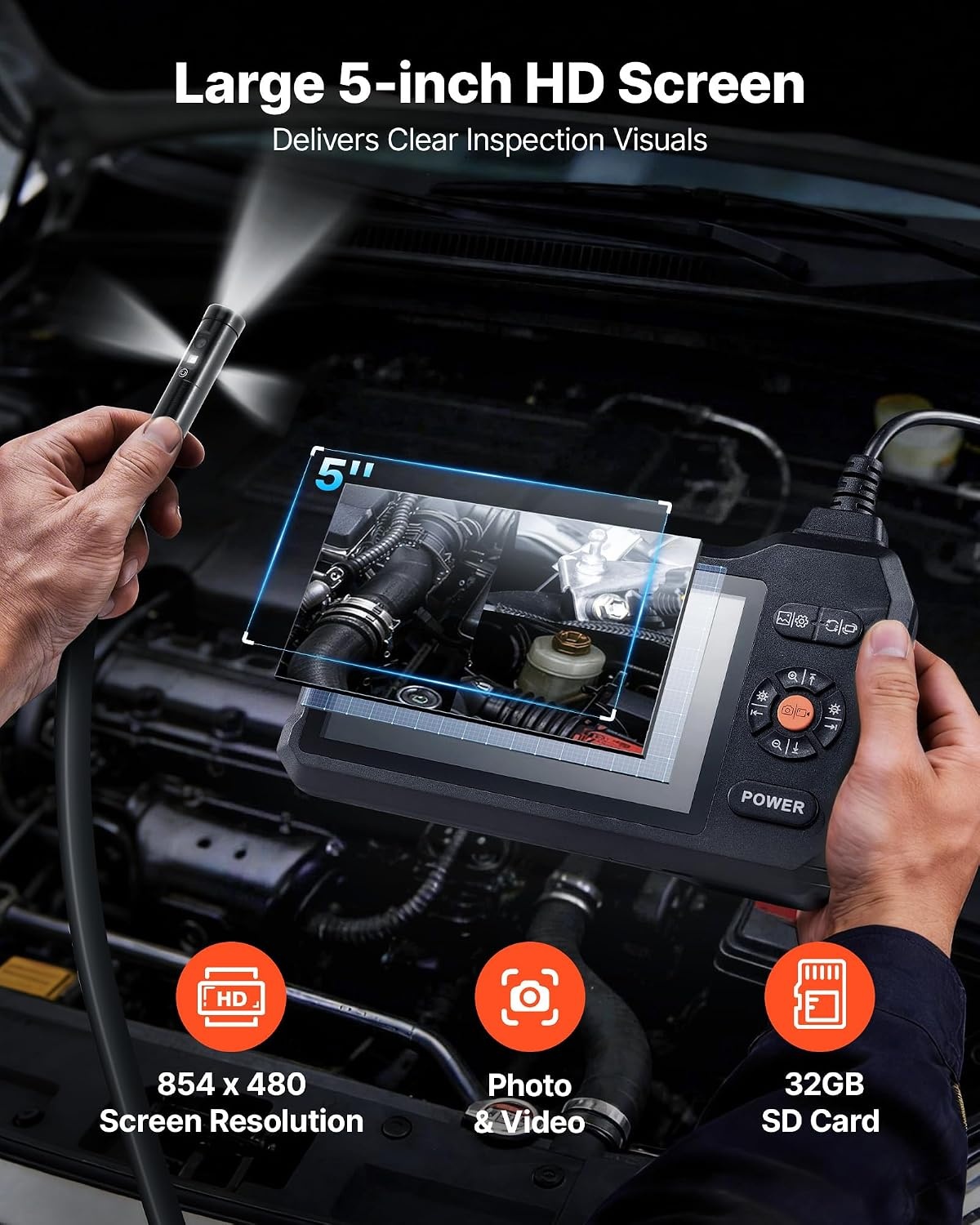 image:imageVEVOR Triple Lens Inspection Camera with Light 5 IPS Screen Industrial Borescope 8X Zoom 1080P HD Split Screen 10 LED Lights Scope Camera for Automotive Plumbing165FTTripleView