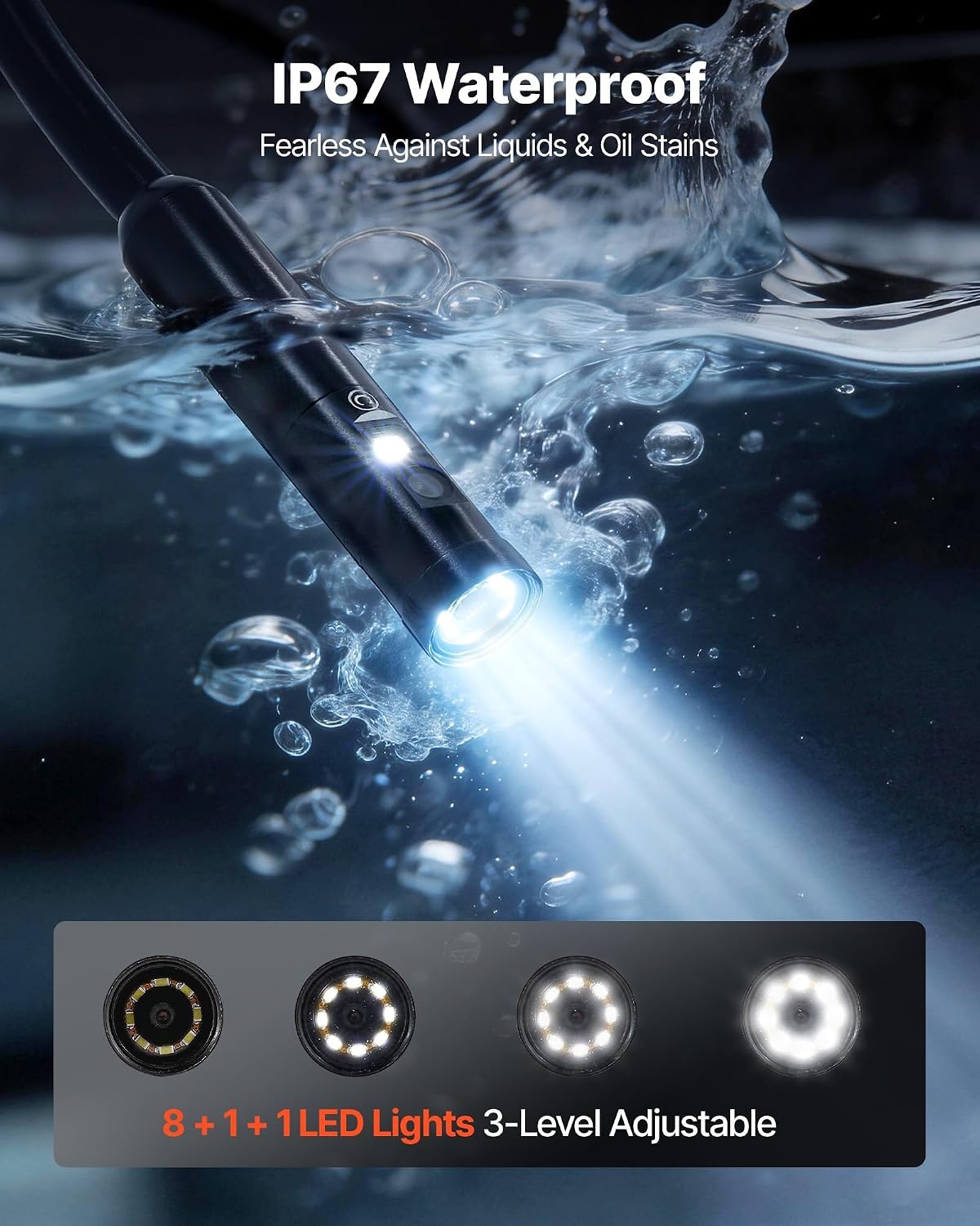 image:imageVEVOR Triple Lens Inspection Camera with Light 5 IPS Screen Industrial Borescope 8X Zoom 1080P HD Split Screen 10 LED Lights Scope Camera for Automotive Plumbing165FTTripleView
