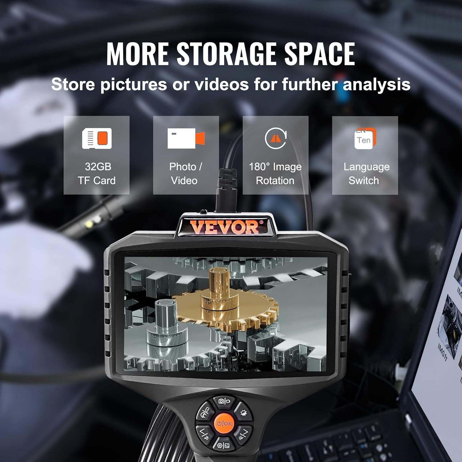 image:imageVEVOR Triple Lens Inspection Camera with Light 5 IPS Screen Industrial Borescope 8X Zoom 1080P HD Split Screen 10 LED Lights Scope Camera for Automotive Plumbing165FTTripleView