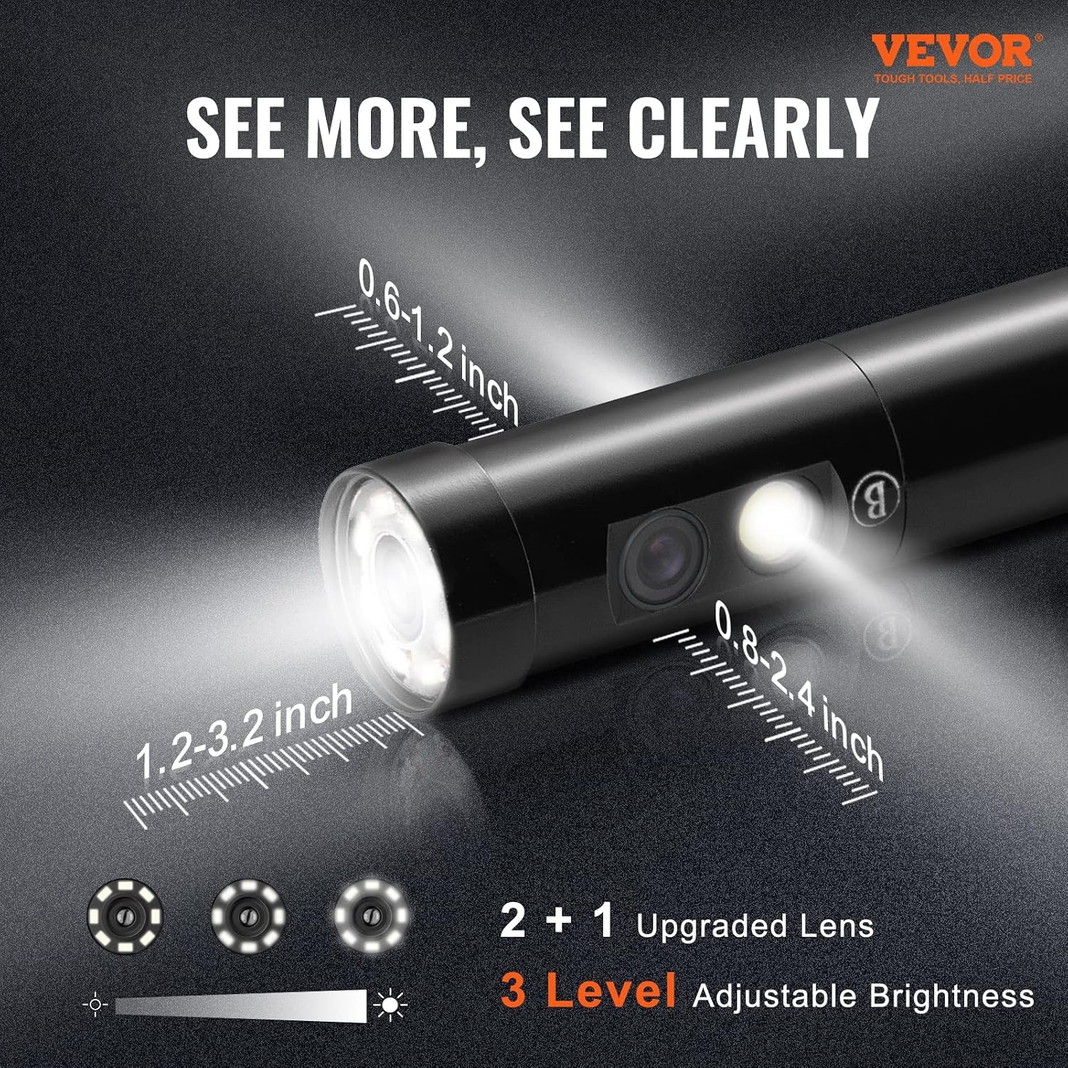 image:imageVEVOR Triple Lens Inspection Camera with Light 5 IPS Screen Industrial Borescope 8X Zoom 1080P HD Split Screen 10 LED Lights Scope Camera for Automotive Plumbing165FTTripleView