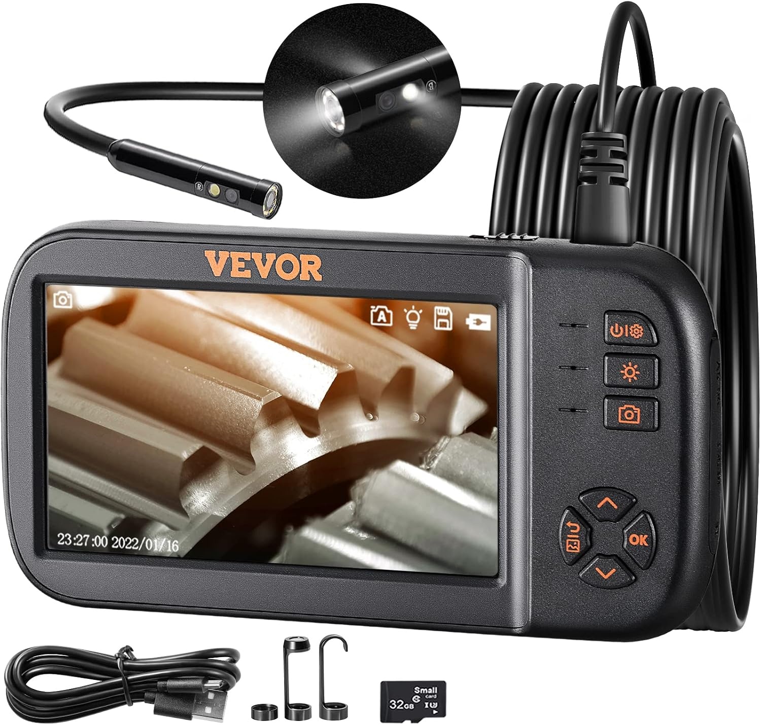 image:imageVEVOR Triple Lens Inspection Camera with Light 5 IPS Screen Industrial Borescope 8X Zoom 1080P HD Split Screen 10 LED Lights Scope Camera for Automotive Plumbing165FTTripleView