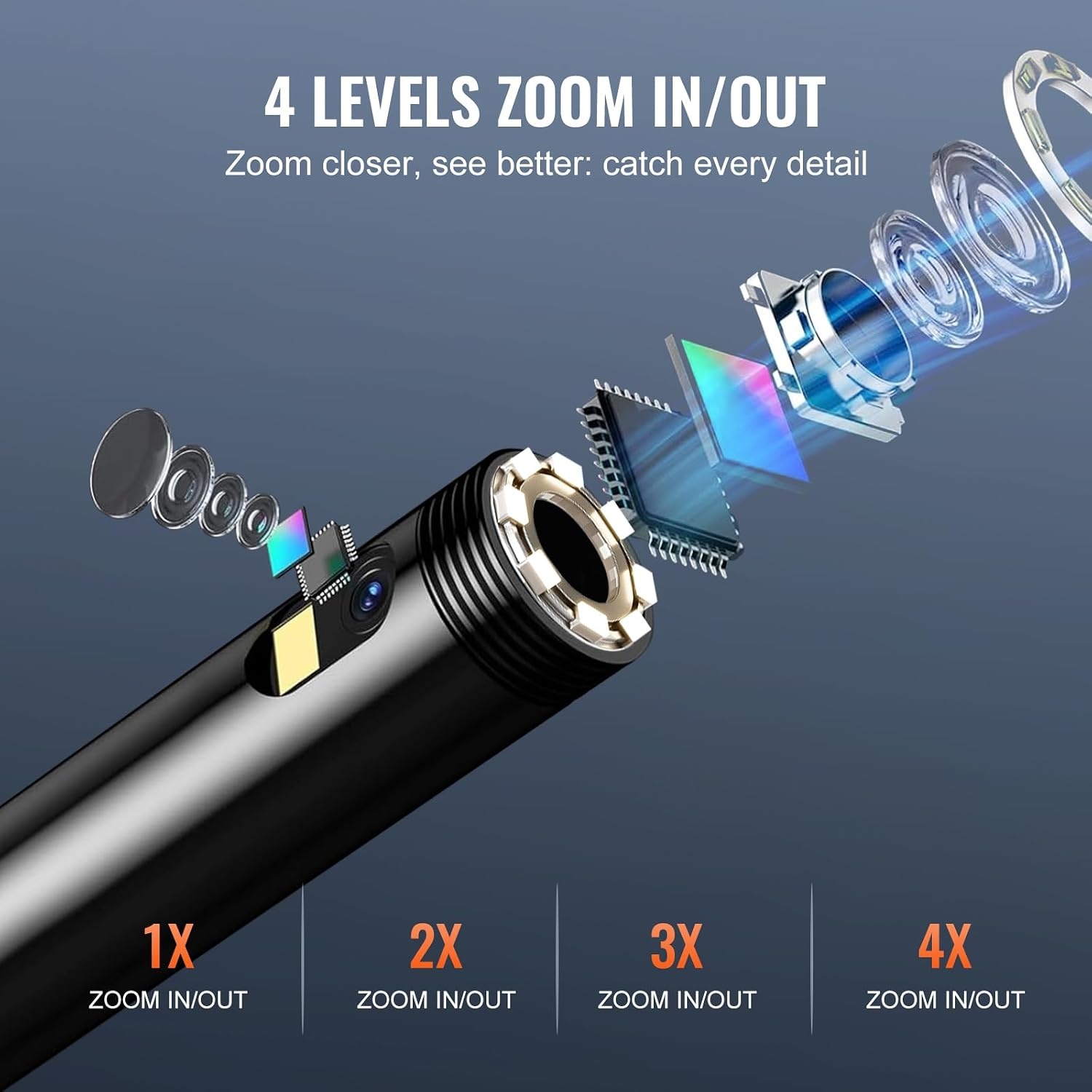 image:imageVEVOR Triple Lens Inspection Camera with Light 5 IPS Screen Industrial Borescope 8X Zoom 1080P HD Split Screen 10 LED Lights Scope Camera for Automotive Plumbing165FTDualView