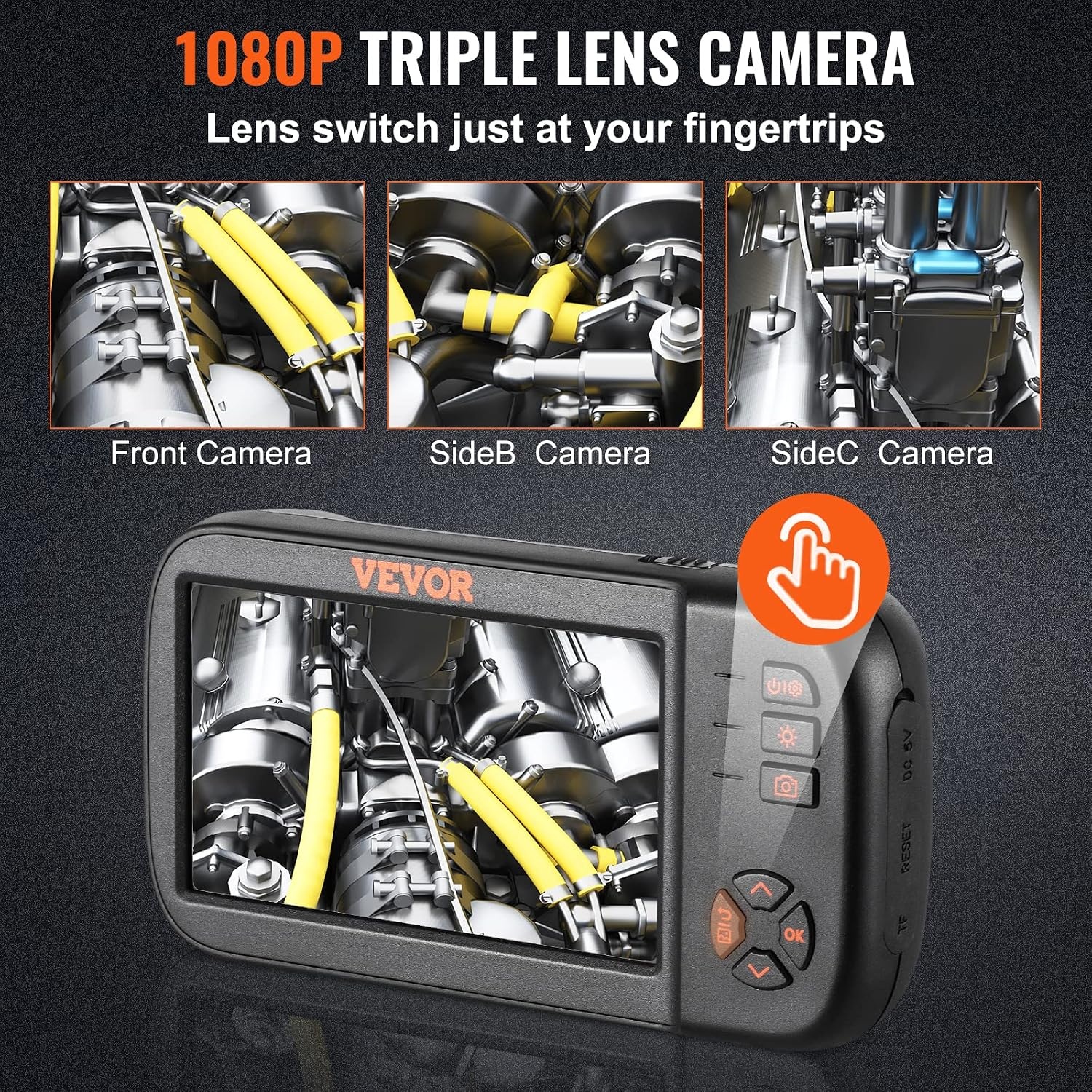 image:imageVEVOR Triple Lens Inspection Camera with Light 5 IPS Screen Industrial Borescope 8X Zoom 1080P HD Split Screen 10 LED Lights Scope Camera for Automotive Plumbing165FTTripleView