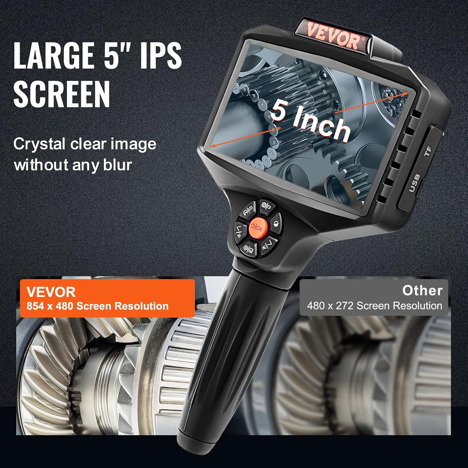 image:imageVEVOR Triple Lens Inspection Camera with Light 5 IPS Screen Industrial Borescope 8X Zoom 1080P HD Split Screen 10 LED Lights Scope Camera for Automotive Plumbing165FTTripleView