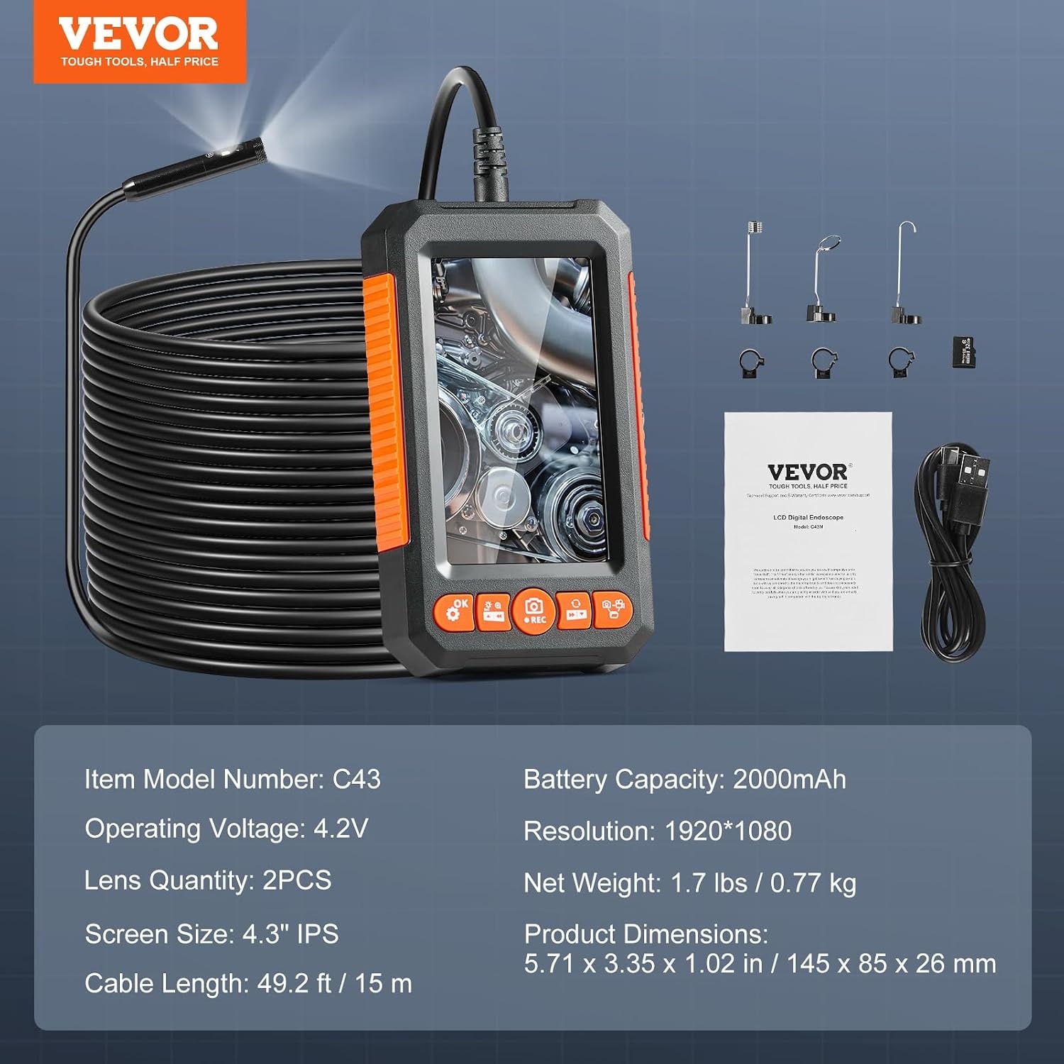 image:imageVEVOR Triple Lens Inspection Camera with Light 5 IPS Screen Industrial Borescope 8X Zoom 1080P HD Split Screen 10 LED Lights Scope Camera for Automotive Plumbing165FTDualView