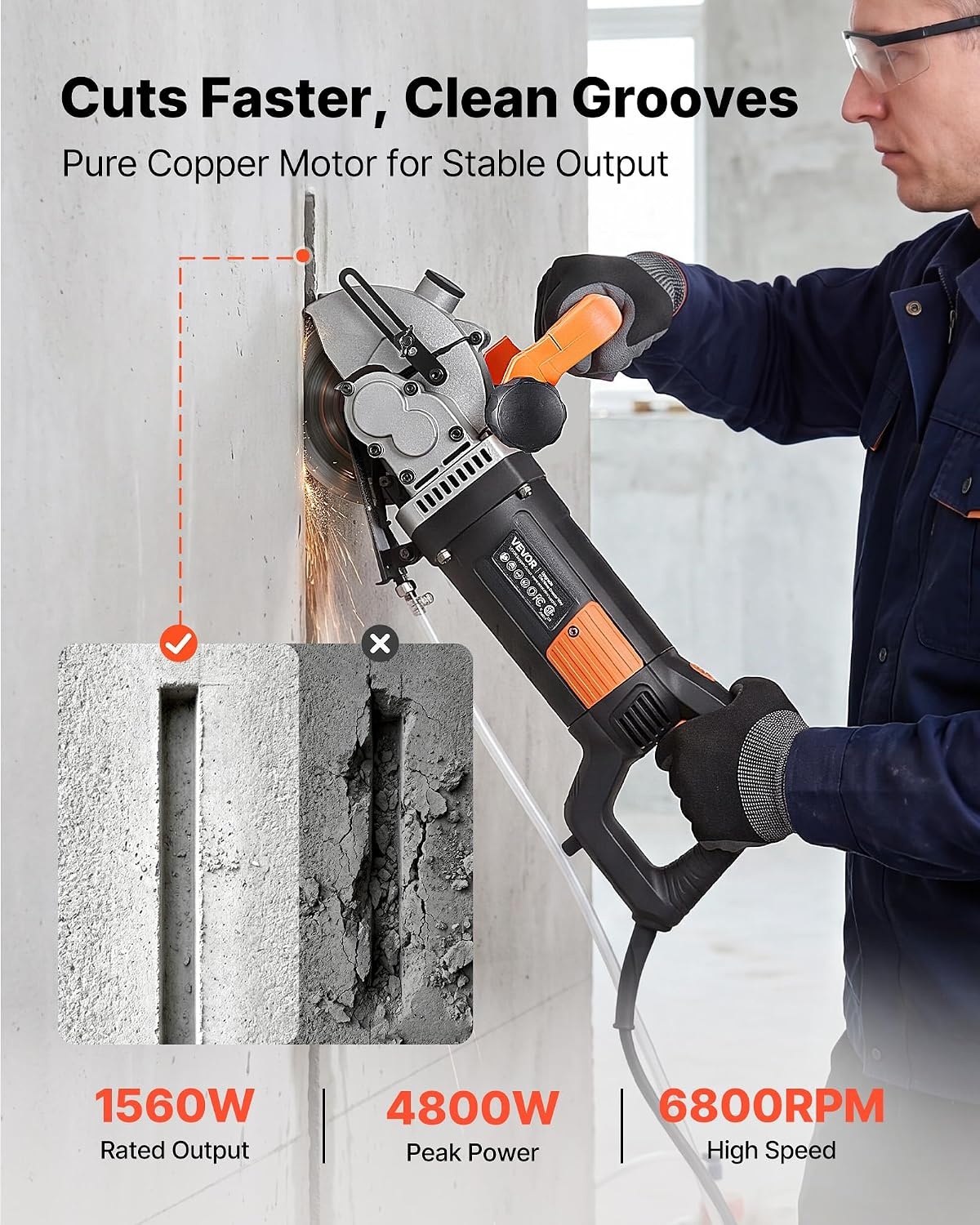 image:imageVEVOR Wall Chaser 4800W Electric Wall Groove Cutting Machine 6800 RPM Max Speed Concrete Slotting Cutter with Guide Line 5 pcs Blades Adjustable Handle for Cutting Grooves in Brick Concrete