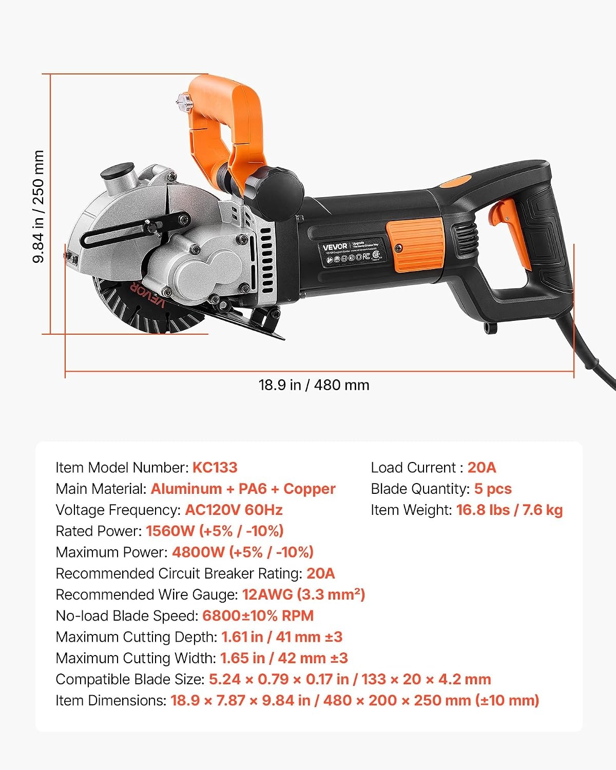 image:imageVEVOR Wall Chaser 4800W Electric Wall Groove Cutting Machine 6800 RPM Max Speed Concrete Slotting Cutter with Guide Line 5 pcs Blades Adjustable Handle for Cutting Grooves in Brick Concrete
