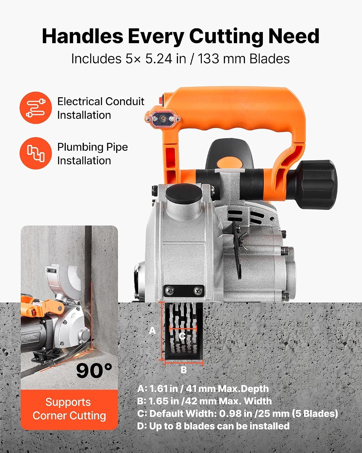 image:imageVEVOR Wall Chaser 4800W Electric Wall Groove Cutting Machine 6800 RPM Max Speed Concrete Slotting Cutter with Guide Line 5 pcs Blades Adjustable Handle for Cutting Grooves in Brick Concrete