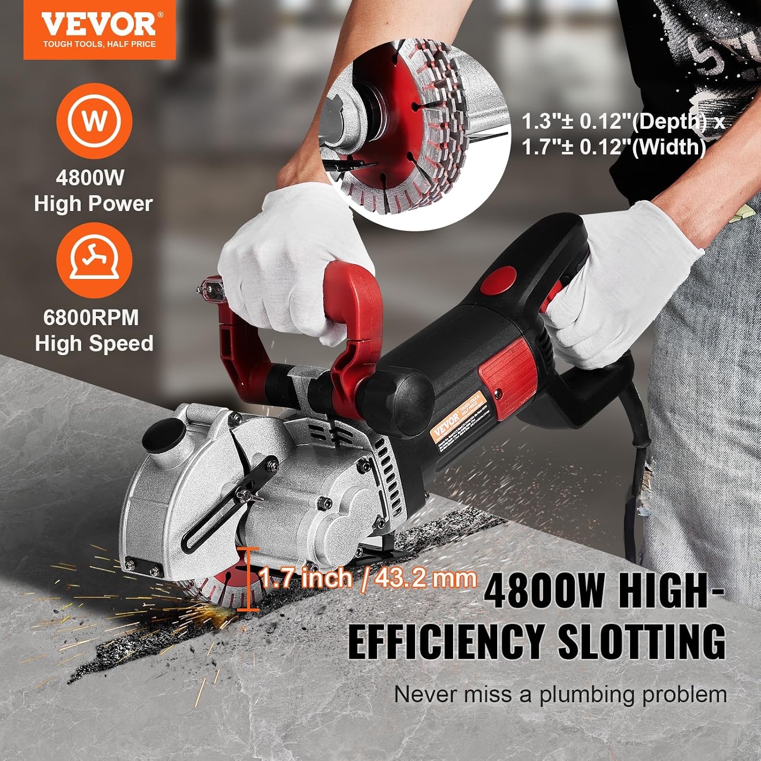 image:imageVEVOR Wall Chaser Concrete Cutter 4800W with 5 X 5 Saw Blades Dustproof and Line Infrared Sighting for Marble Concrete Granite and Bricks Walls