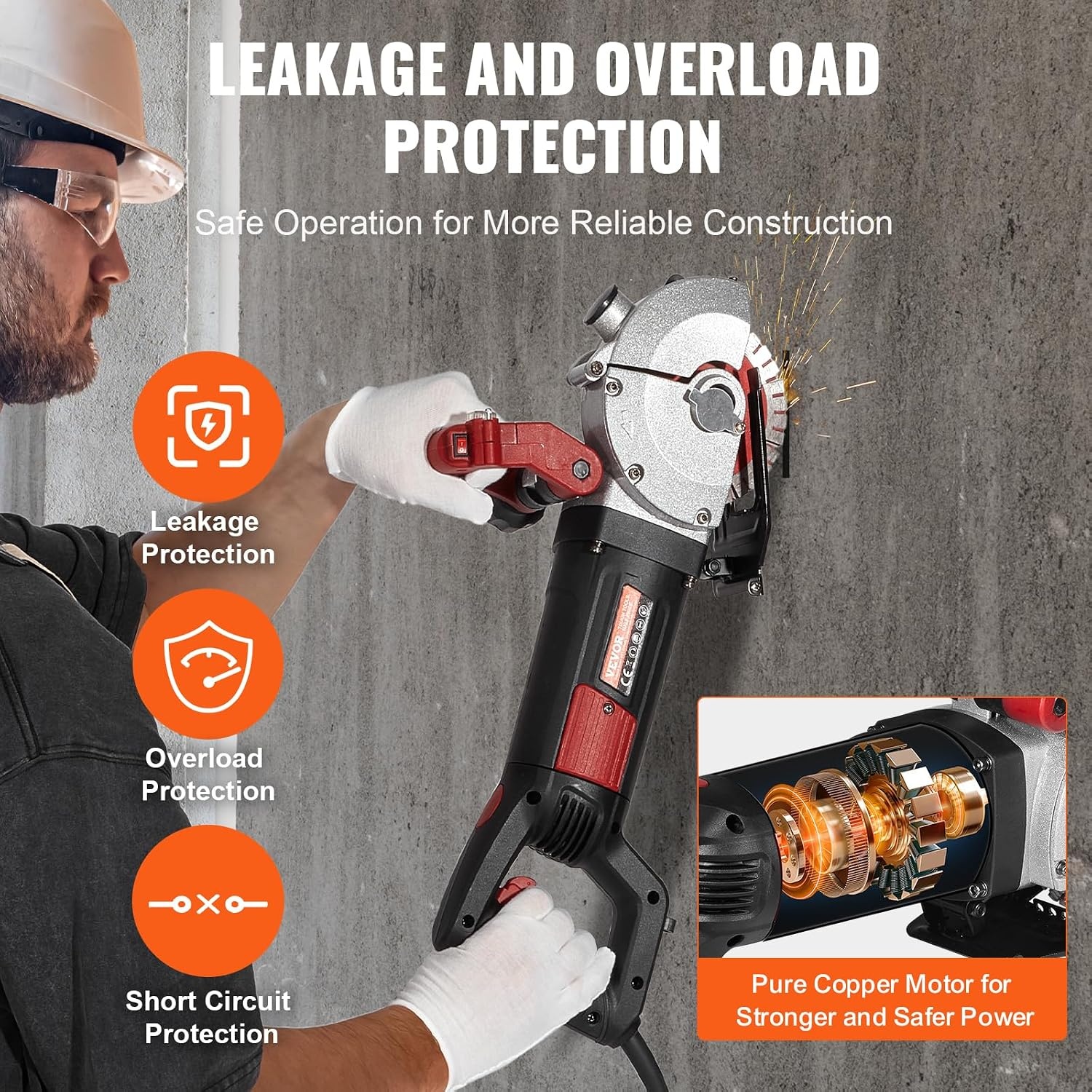image:imageVEVOR Wall Chaser Concrete Cutter 5800W with 5 X 63 Saw Blades Dustproof and Line Infrared Sighting for Marble Concrete Granite and Bricks Walls