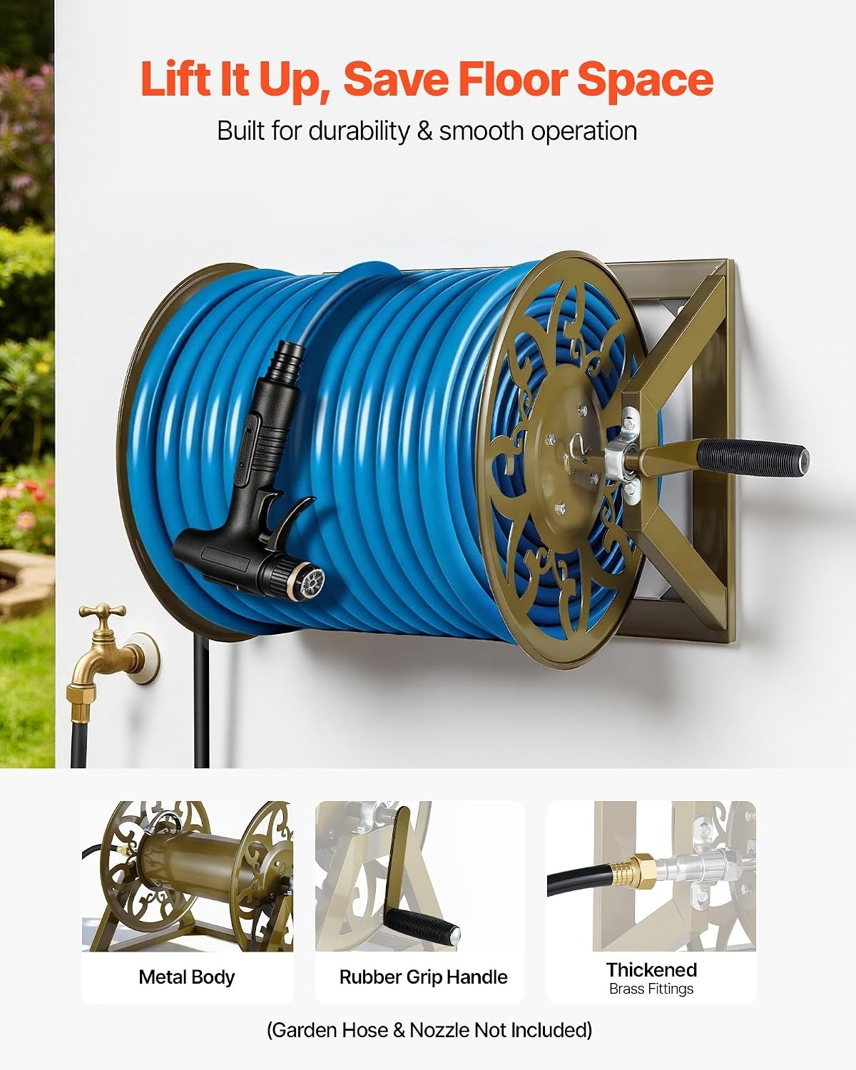 image:imageVEVOR Wall Mounted Garden Hose Reel Holds 125 ft 58inch Hose HeavyDuty Water Hose Winder SpaceSaving Design Outdoor Manual Reel with Brass Fitting and Storage Basket for Yard LawnBronze