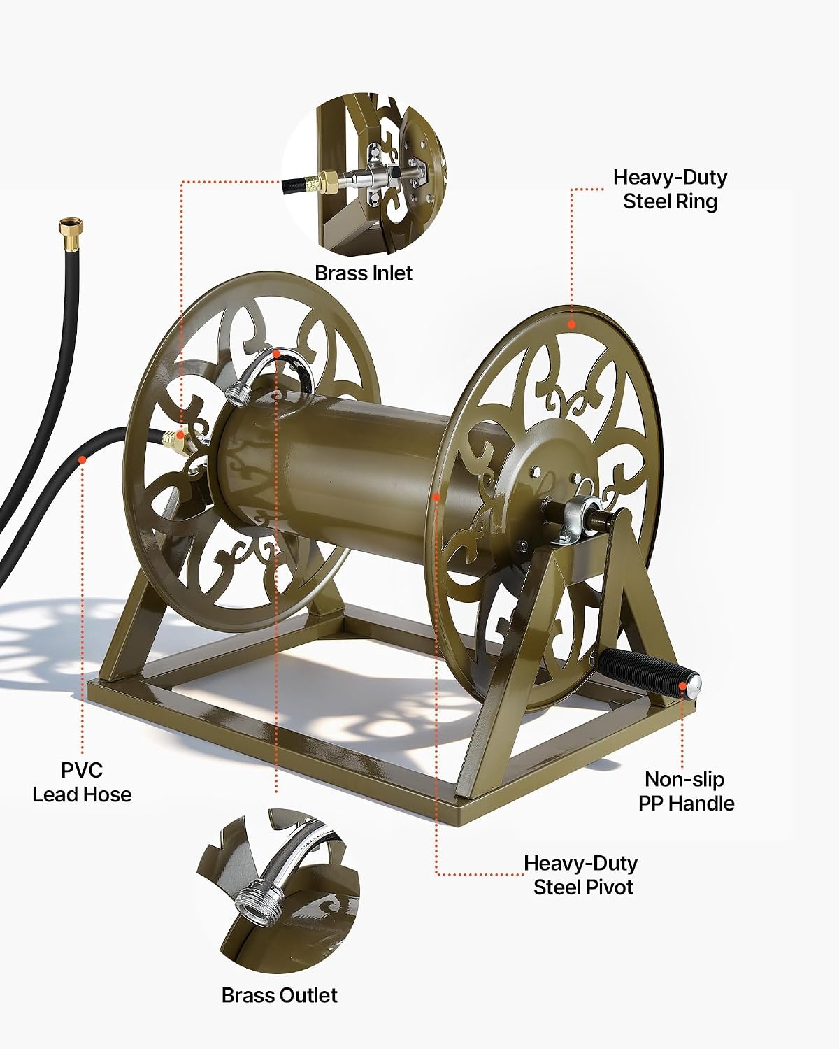 image:imageVEVOR Wall Mounted Garden Hose Reel Holds 125 ft 58inch Hose HeavyDuty Water Hose Winder SpaceSaving Design Outdoor Manual Reel with Brass Fitting and Storage Basket for Yard LawnBronze