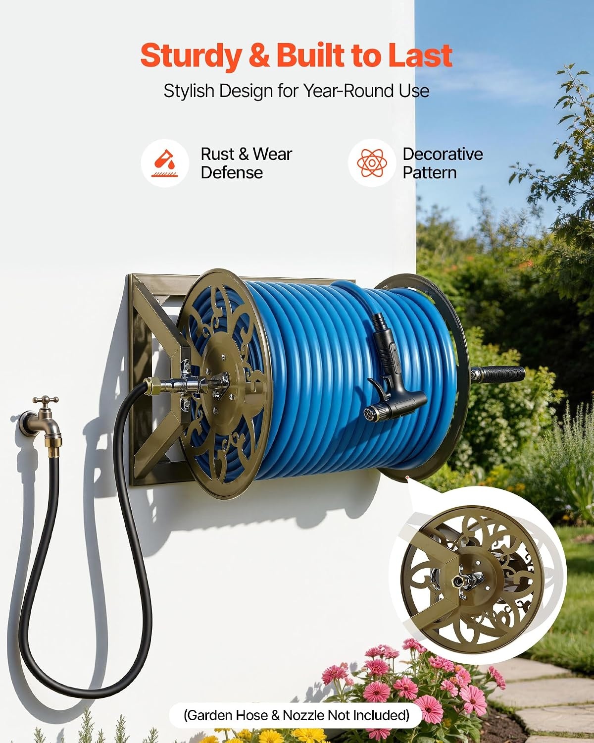 image:imageVEVOR Wall Mounted Garden Hose Reel Holds 125 ft 58inch Hose HeavyDuty Water Hose Winder SpaceSaving Design Outdoor Manual Reel with Brass Fitting and Storage Basket for Yard LawnBronze