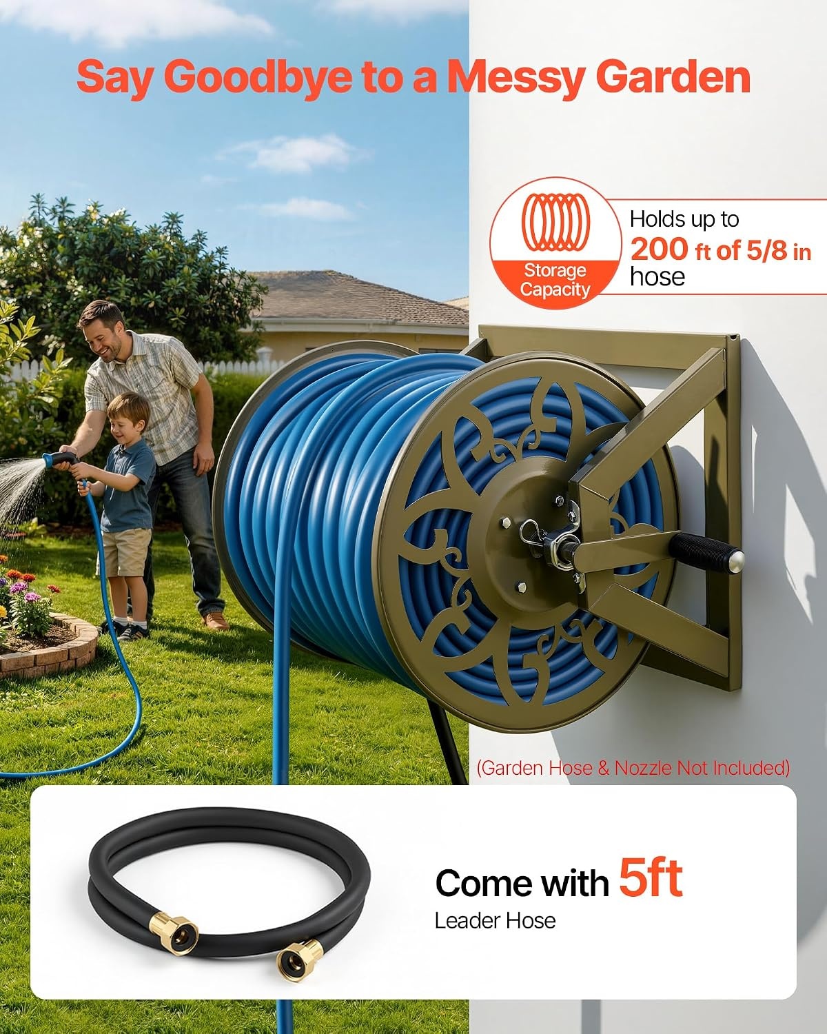 image:imageVEVOR Wall Mounted Garden Hose Reel Holds 125 ft 58inch Hose HeavyDuty Water Hose Winder SpaceSaving Design Outdoor Manual Reel with Brass Fitting and Storage Basket for Yard LawnBronze