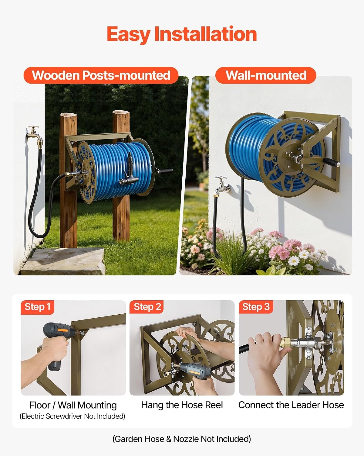 image:imageVEVOR Wall Mounted Garden Hose Reel Holds 125 ft 58inch Hose HeavyDuty Water Hose Winder SpaceSaving Design Outdoor Manual Reel with Brass Fitting and Storage Basket for Yard LawnBronze