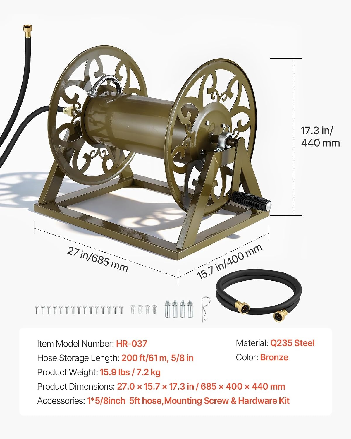 image:imageVEVOR Wall Mounted Garden Hose Reel Holds 125 ft 58inch Hose HeavyDuty Water Hose Winder SpaceSaving Design Outdoor Manual Reel with Brass Fitting and Storage Basket for Yard LawnBronze