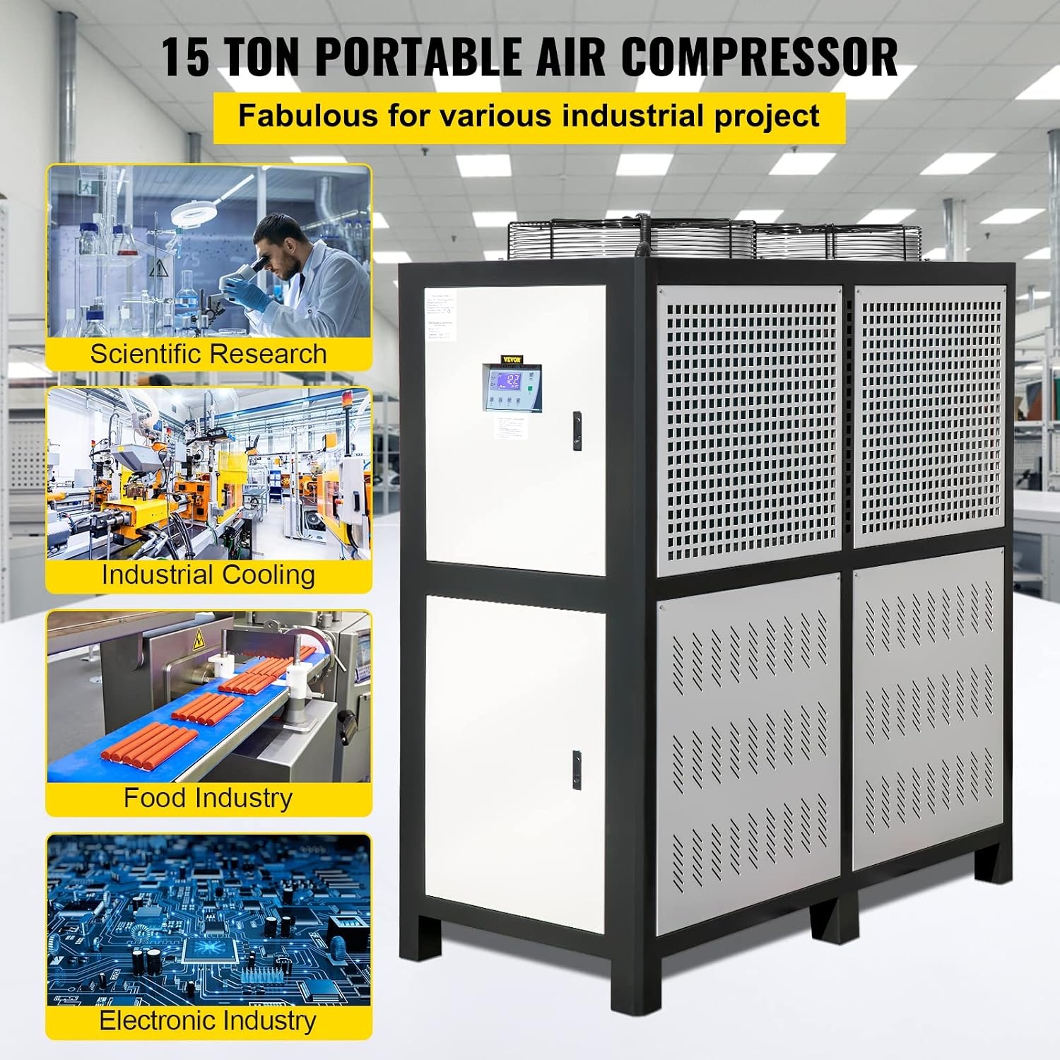 image:imageVEVOR Water Chiller 15Ton Capacity Industrial Chiller 15Hp AirCooled Water Chiller Finned Condenser with MicroComputer Control Stainless Steel Water Tank Chiller Machine for Cooling Water