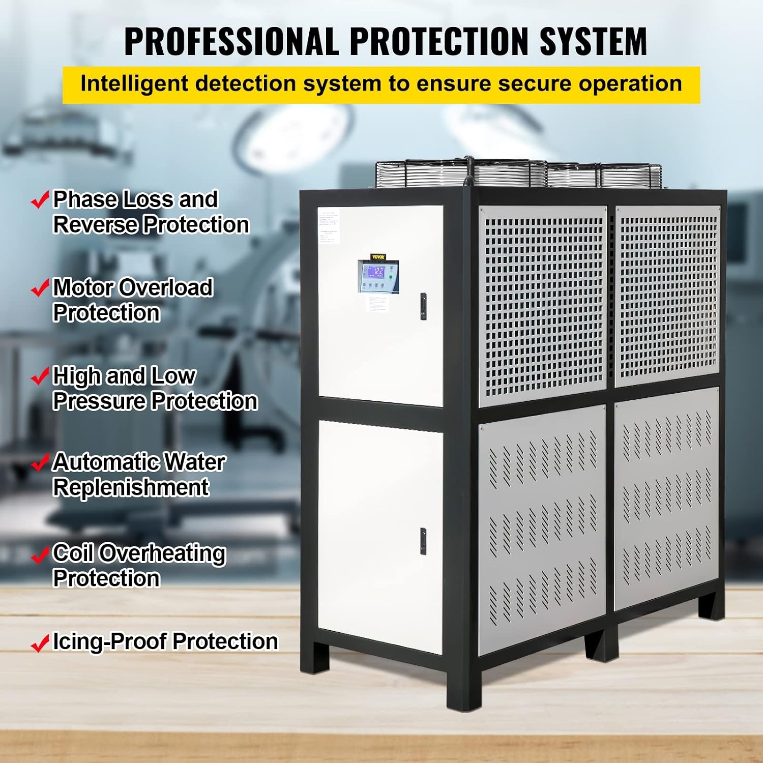 image:imageVEVOR Water Chiller 15Ton Capacity Industrial Chiller 15Hp AirCooled Water Chiller Finned Condenser with MicroComputer Control Stainless Steel Water Tank Chiller Machine for Cooling Water