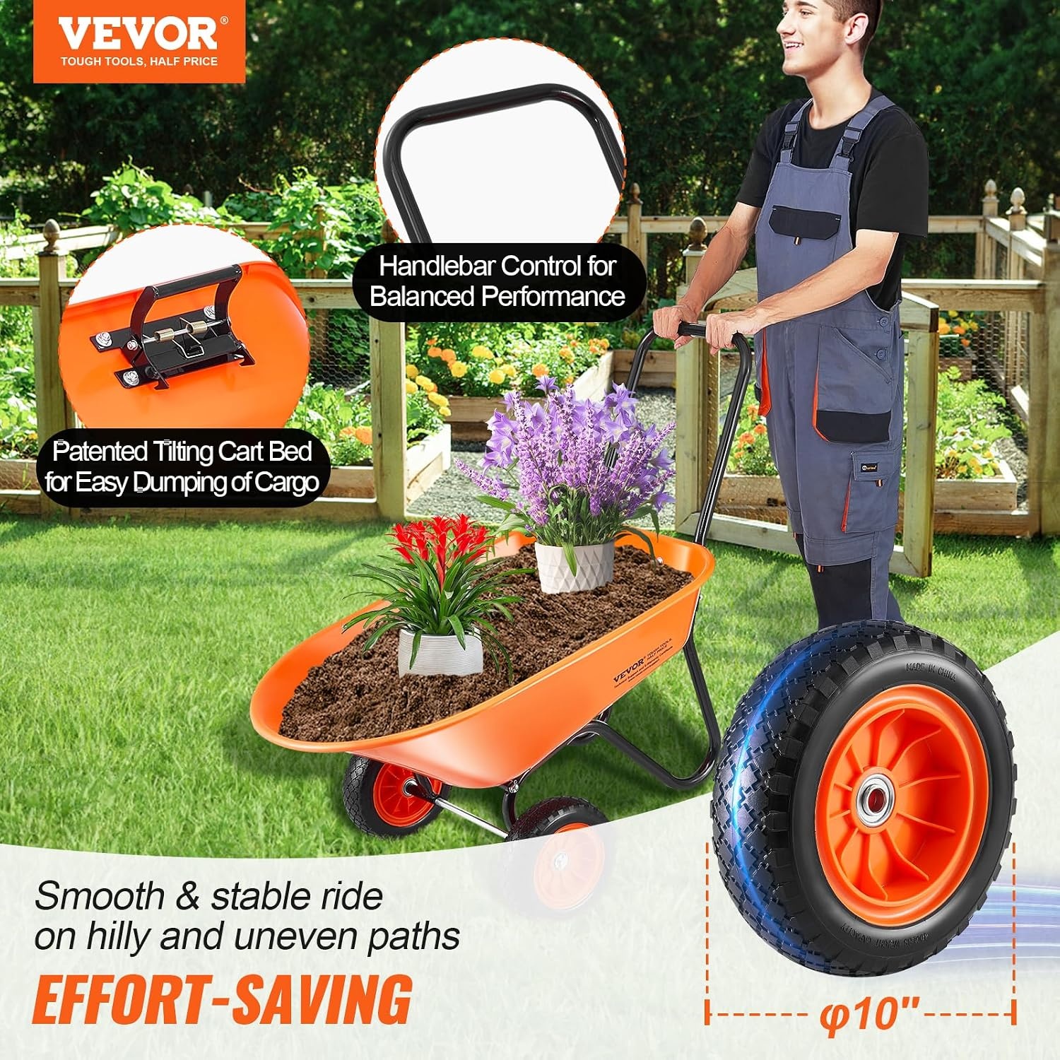 image:imageVEVOR Wheelbarrow Cart 5 Cu Ft Load amp 397 lbs Capacity 2 Wheels Garden Dump Cart Garden Wagon with Handle amp 10 Wide Track Wheels Easy Loading Utility Yard Cart amp Wagons for Outdoor Lawn Yard5 Cu Ft Load 397 lbs