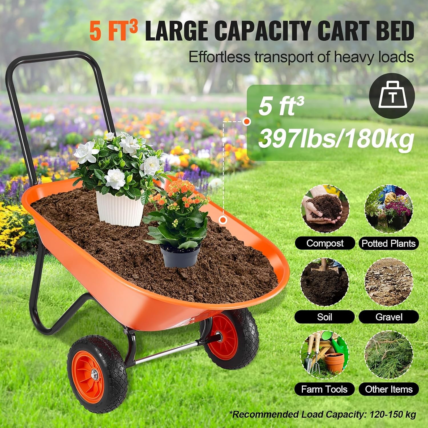 image:imageVEVOR Wheelbarrow Cart 5 Cu Ft Load amp 397 lbs Capacity 2 Wheels Garden Dump Cart Garden Wagon with Handle amp 10 Wide Track Wheels Easy Loading Utility Yard Cart amp Wagons for Outdoor Lawn Yard5 Cu Ft Load 397 lbs