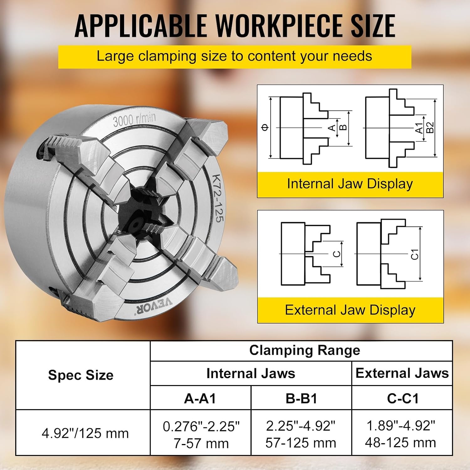 image:imageVevor K72125 Lathe Chuck 5 Inch 4JawLathe Chuck Independent Reversible JawMetal Lathe Chuck Turning Machine Accessoriesfor Lathes Machine Amazoncom5 Inch