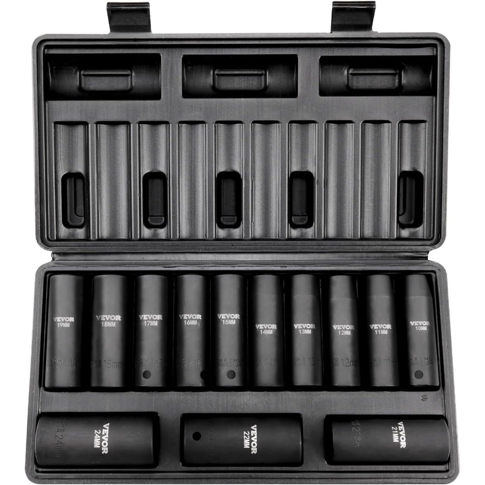 image:imageVEVOR 12 Drive Impact Socket Set 29Piece Deep Sockets Standard SAE 38 to 1 inch and Metric 10 to 24 mm Size 6 Point CRV Steel Extension Bars 3 5 1012 13PCS