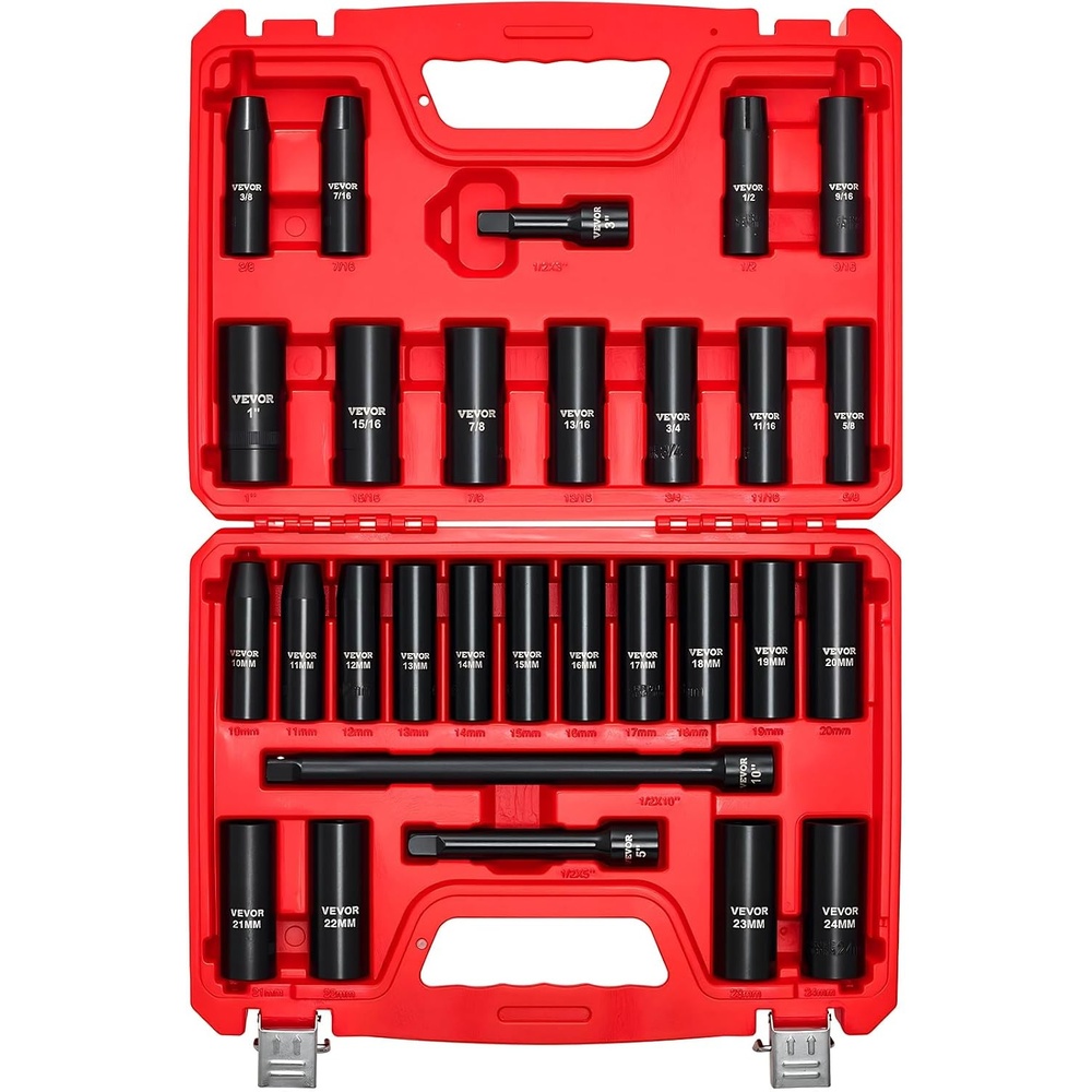 image:imageVEVOR 12 Drive Impact Socket Set 29Piece Deep Sockets Standard SAE 38 to 1 inch and Metric 10 to 24 mm Size 6 Point CRV Steel Extension Bars 3 5 1012 29 PCS