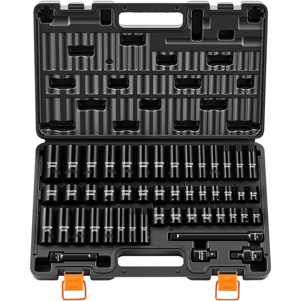 image:imageVEVOR 12 Drive Impact Socket Set 29Piece Deep Sockets Standard SAE 38 to 1 inch and Metric 10 to 24 mm Size 6 Point CRV Steel Extension Bars 3 5 1038 48 PCS