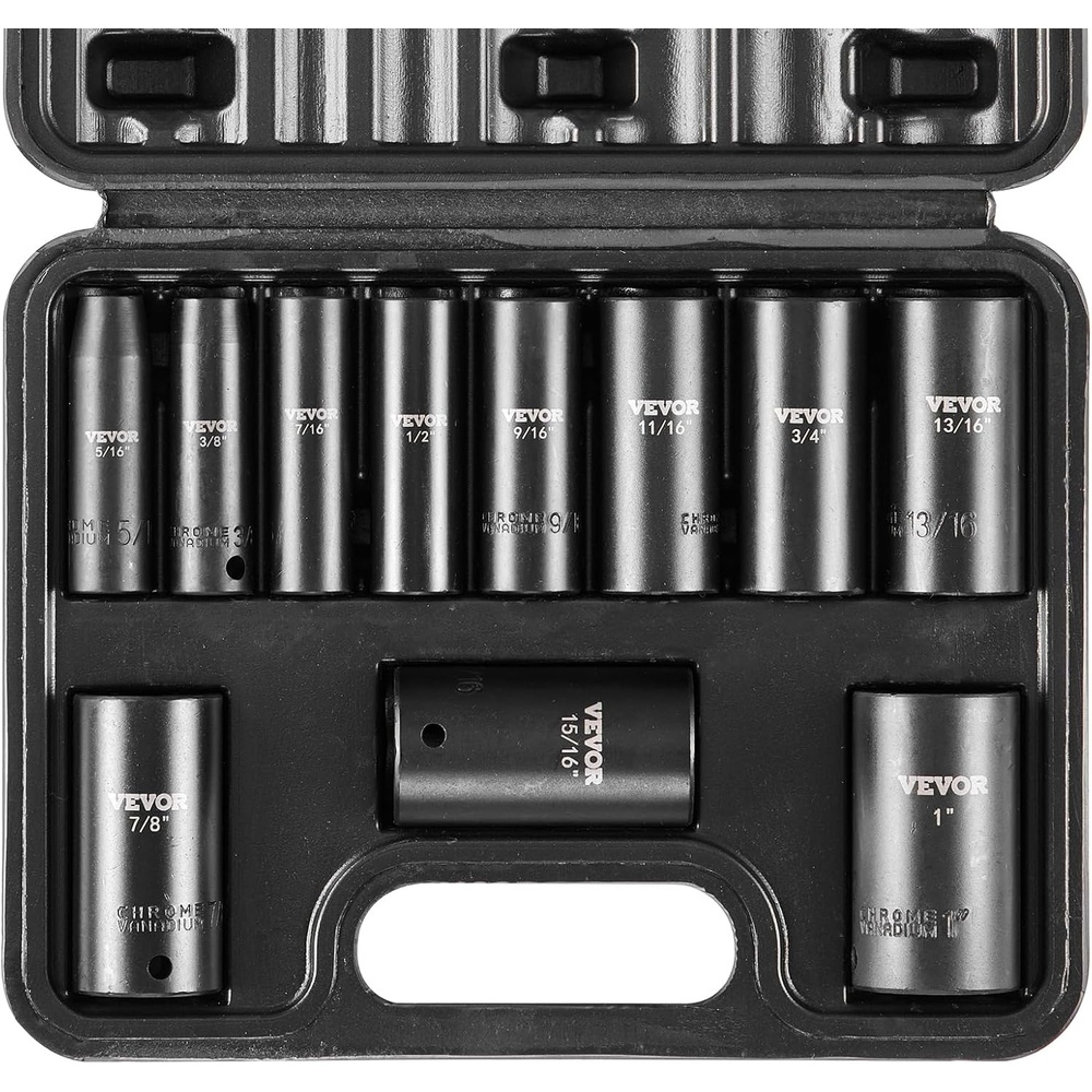 image:imageVEVOR 12 Drive Impact Socket Set 29Piece Deep Sockets Standard SAE 38 to 1 inch and Metric 10 to 24 mm Size 6 Point CRV Steel Extension Bars 3 5 1038 11PCS