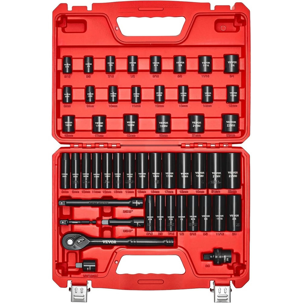 image:imageVEVOR 12 Drive Impact Socket Set 29Piece Deep Sockets Standard SAE 38 to 1 inch and Metric 10 to 24 mm Size 6 Point CRV Steel Extension Bars 3 5 1038 50 PCS
