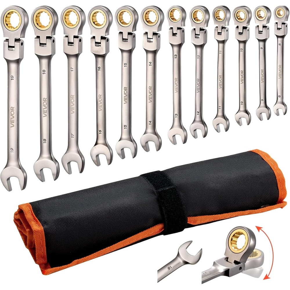 image:imageVEVOR 24piece Ratcheting Wrench Set with 180 Flex Head AntiSlip Tooth Combination Wrench Sets with Organizer Box Metric 819mm amp SAE 1434 PolishedNickel Plating 12pcs