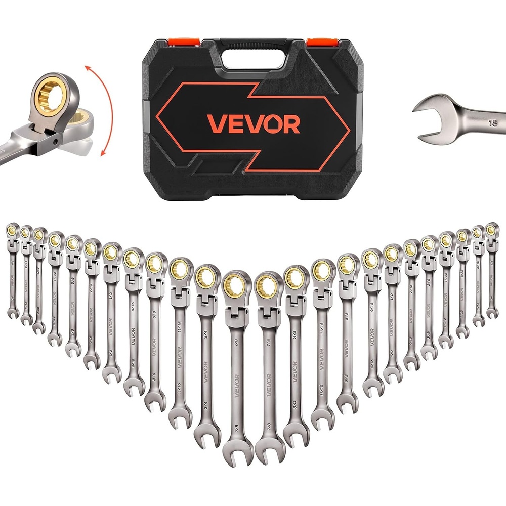 image:imageVEVOR 24piece Ratcheting Wrench Set with 180 Flex Head AntiSlip Tooth Combination Wrench Sets with Organizer Box Metric 819mm amp SAE 1434 PolishedNickel Plating 24pcs