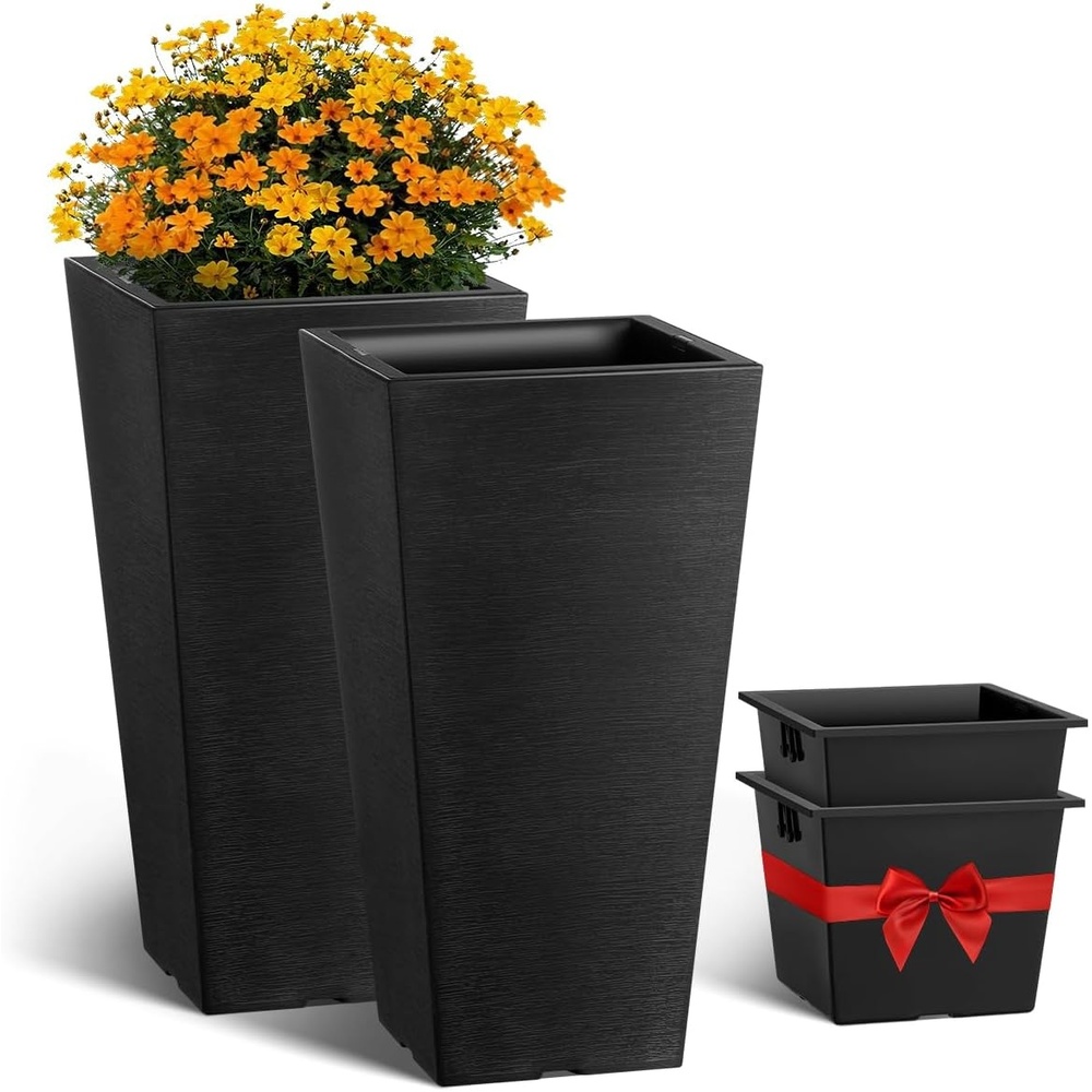 image:imageVEVOR 26 Inch Tall Planter Set of 2 Outdoor Large Tall Planters for Outdoor Indoor Plants Tapered Black Planter for Front Porch Patio Garden Plant Container Flower Pots with Builtin DrainageBlack