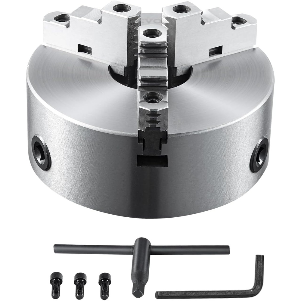 image:imageVEVOR 3Jaw Lathe Chuck 8 Inch 200 mm SelfCentering Chuck with 2 14 in8 Threaded Backing Plate 016787 in 4200 mm Clamping Range with Twrench Screws HT300 Material for Wood Metal Lathe10 inches