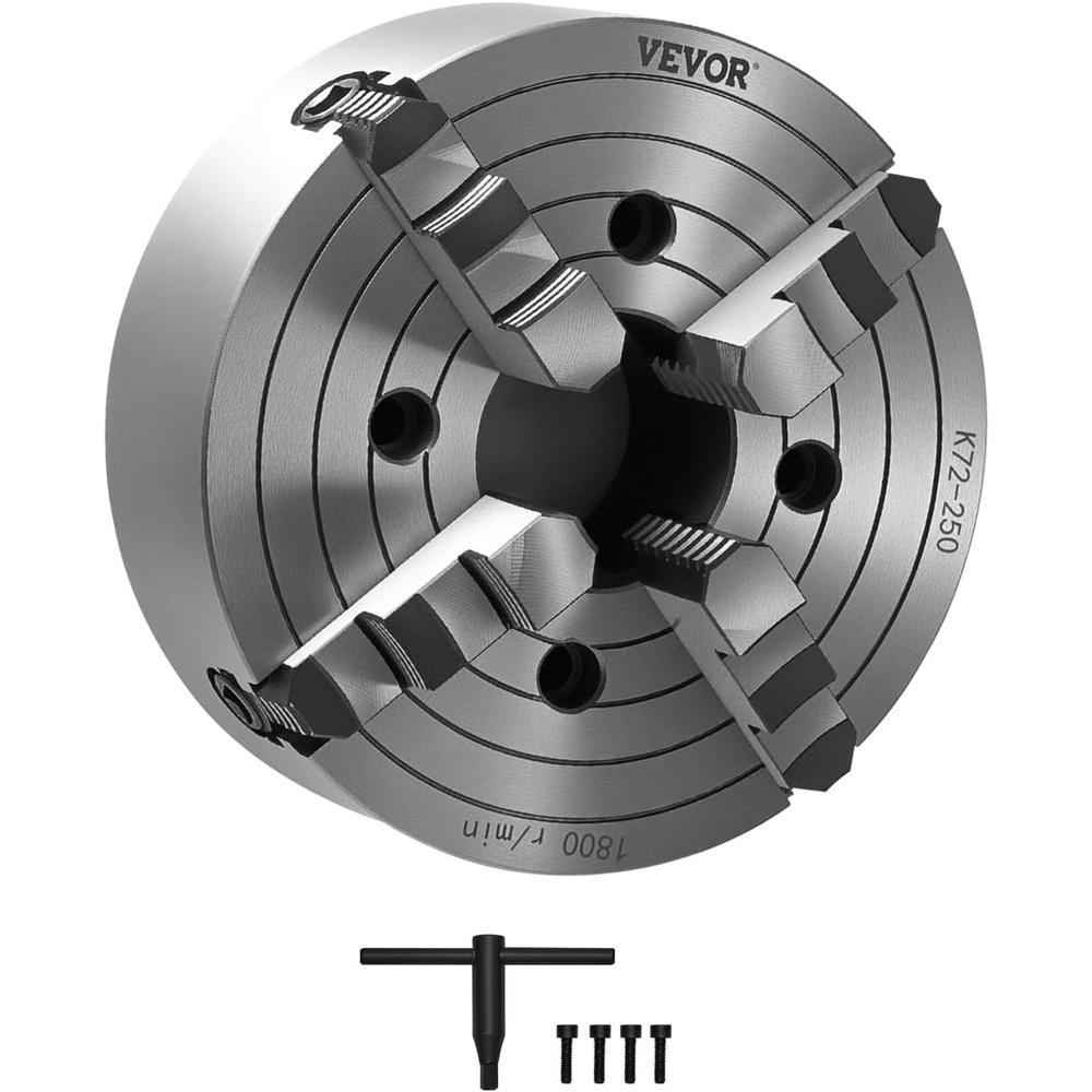 image:imageVEVOR 4Jaw Lathe Chuck 10 in 250 mm Lathe Chuck 06984 in 15250 mm Clamping Range with Tkey Fixing Screws Reversible Jaws HT300 Cast Iron Material Internal External for Wood Metal Lathe