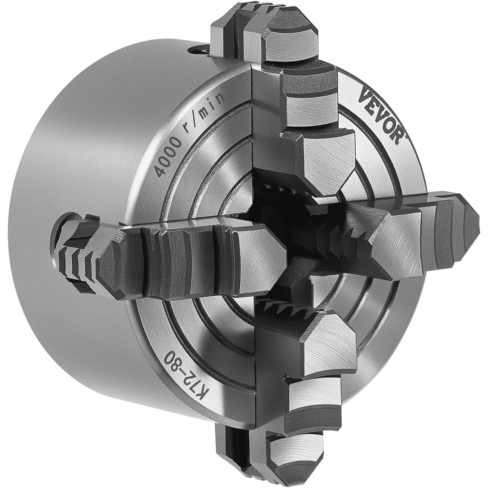 image:imageVEVOR 4Jaw Lathe Chuck 3 Inch 80 mm 4Jaw Independent Chuck 01315 in 580 mm Clamping Range with Tkey Fixing Screws Reversible Jaws HT300 Material Internal External for Wood Metal Lathe