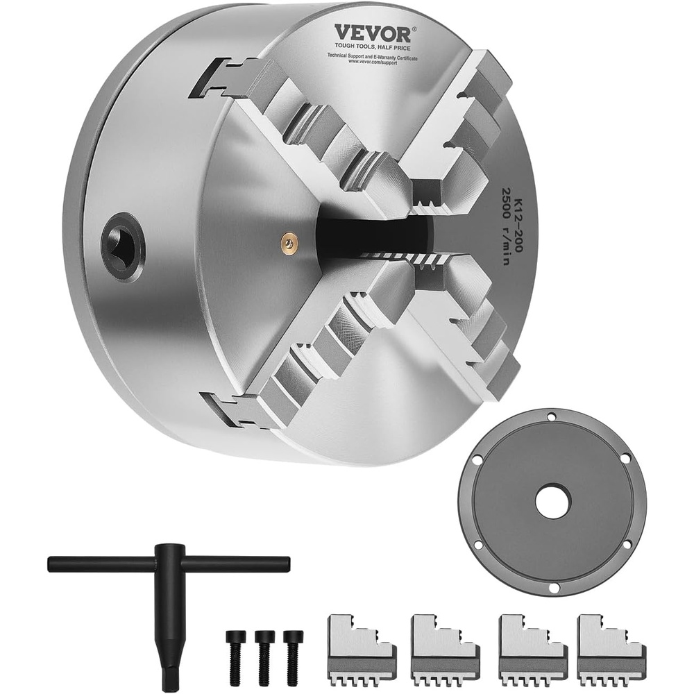 image:imageVEVOR 4Jaw Lathe Chuck 8 Inch 200 mm SelfCentering Chuck with 1 12 in8 Threaded Backing Plate 016787 in 4200 mm Clamping Range with Twrench Screws HT300 Material for Wood Metal Lathe