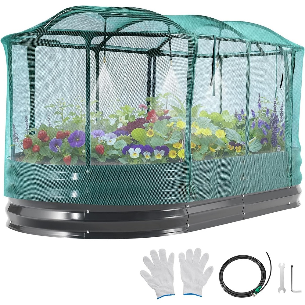 image:imageVEVOR 6x3x1FT Metal Raised Garden Bed Kit with Self Watering System and Mesh Cover Oval Outdoor Galvanized Planter Raised Beds for Gardening Planting Flowers Fruits VegetablesDark Gray